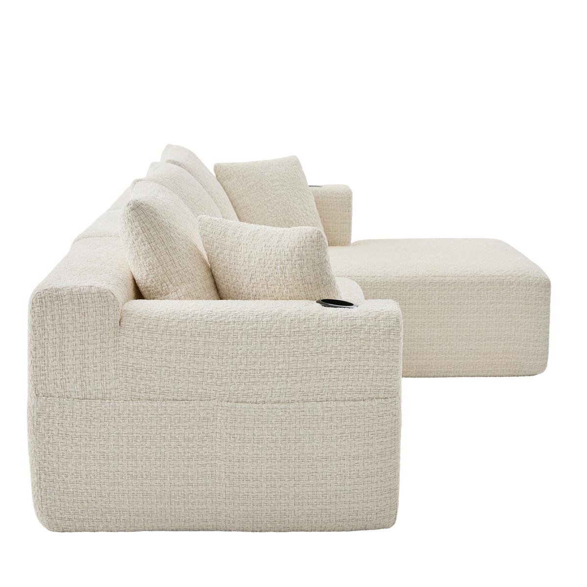 ECKSOFA Modulares L-Form Chenille mit Getränkehalter & Memory-Schaum 261cm - Beige, Textil (261/165cm) - Urban Meuble