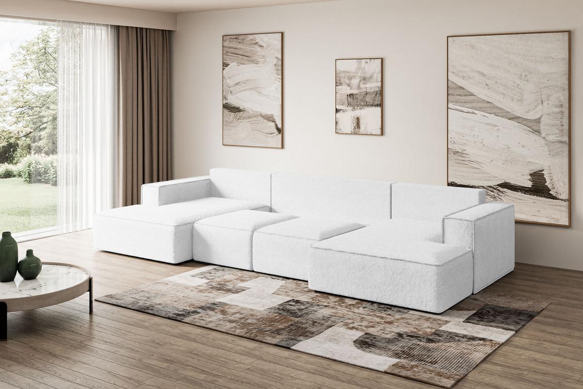 WOHNLANDSCHAFT mit Schlaffunktion und Bettkasten SIERRA-U-S - 349x161x87 cm Weiß Bouclé - Schwarz/Weiß, Holzwerkstoff/Kunststoff (349/87/161cm) - ALTDECOR