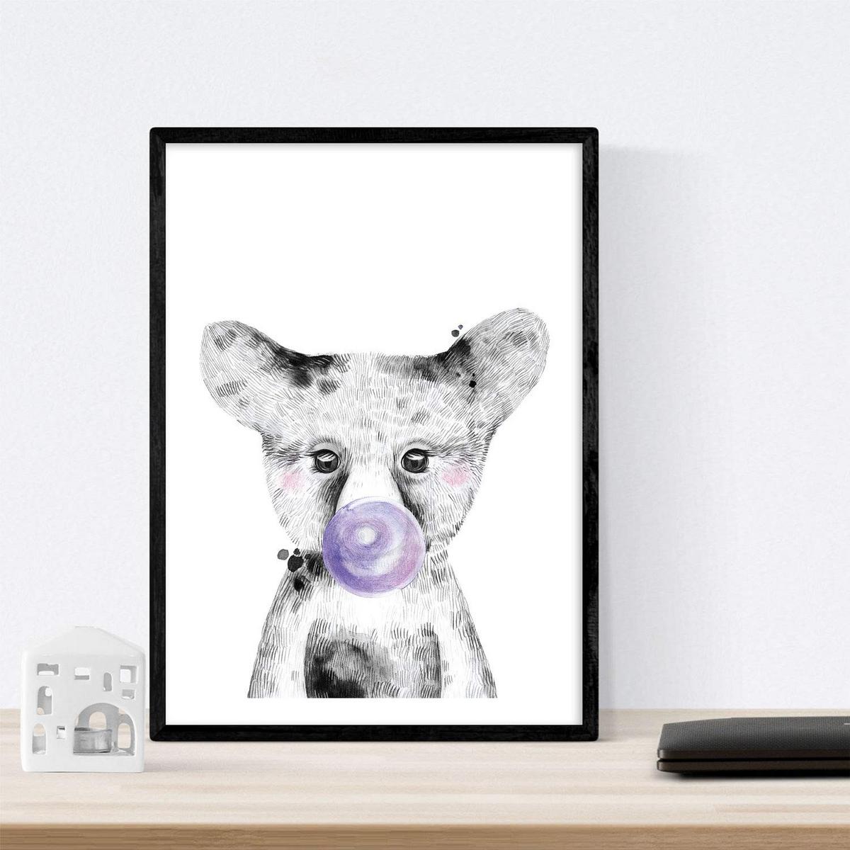 POSTER Set Mit 6 Tiere Babys Mit Kaugummi Hirschschwein Elefant Zorro Bär Hund A4 Schwarzer Rahmen - Schwarz, Papier (29/3cm) - Nacnic