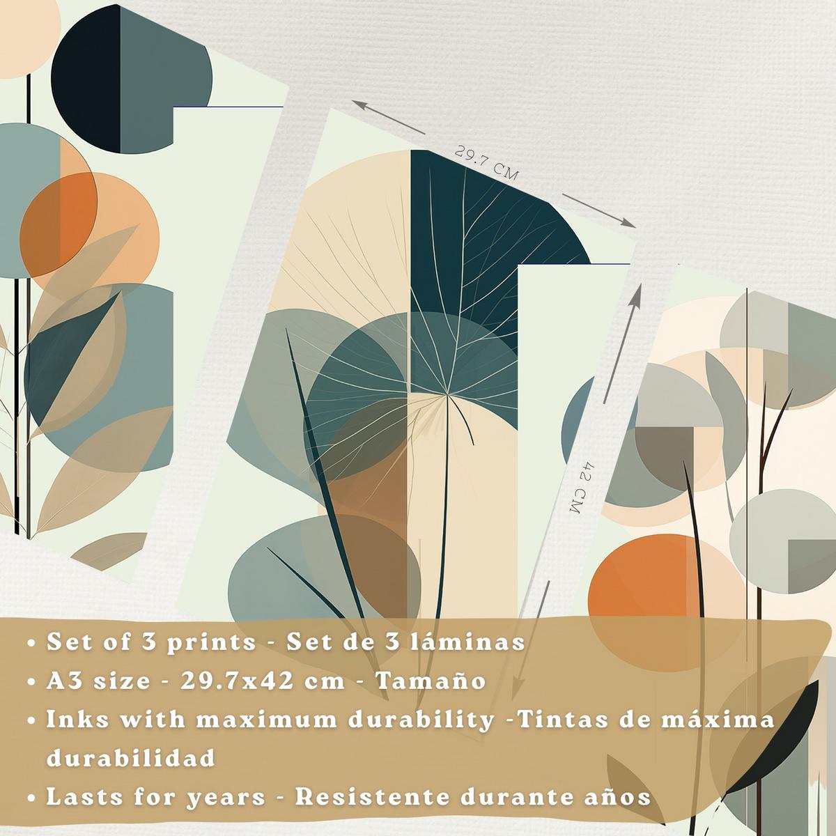 POSTER 3er Kunstdruck-Set Wandbilder Floral Abstrakt Blau Grün modern Wohnzimmer Deko, Schlafzimmer, Küche, Badezimmer Rahmenlos A3 - Beige, Papier (29.7/1/42cm) - Nacnic