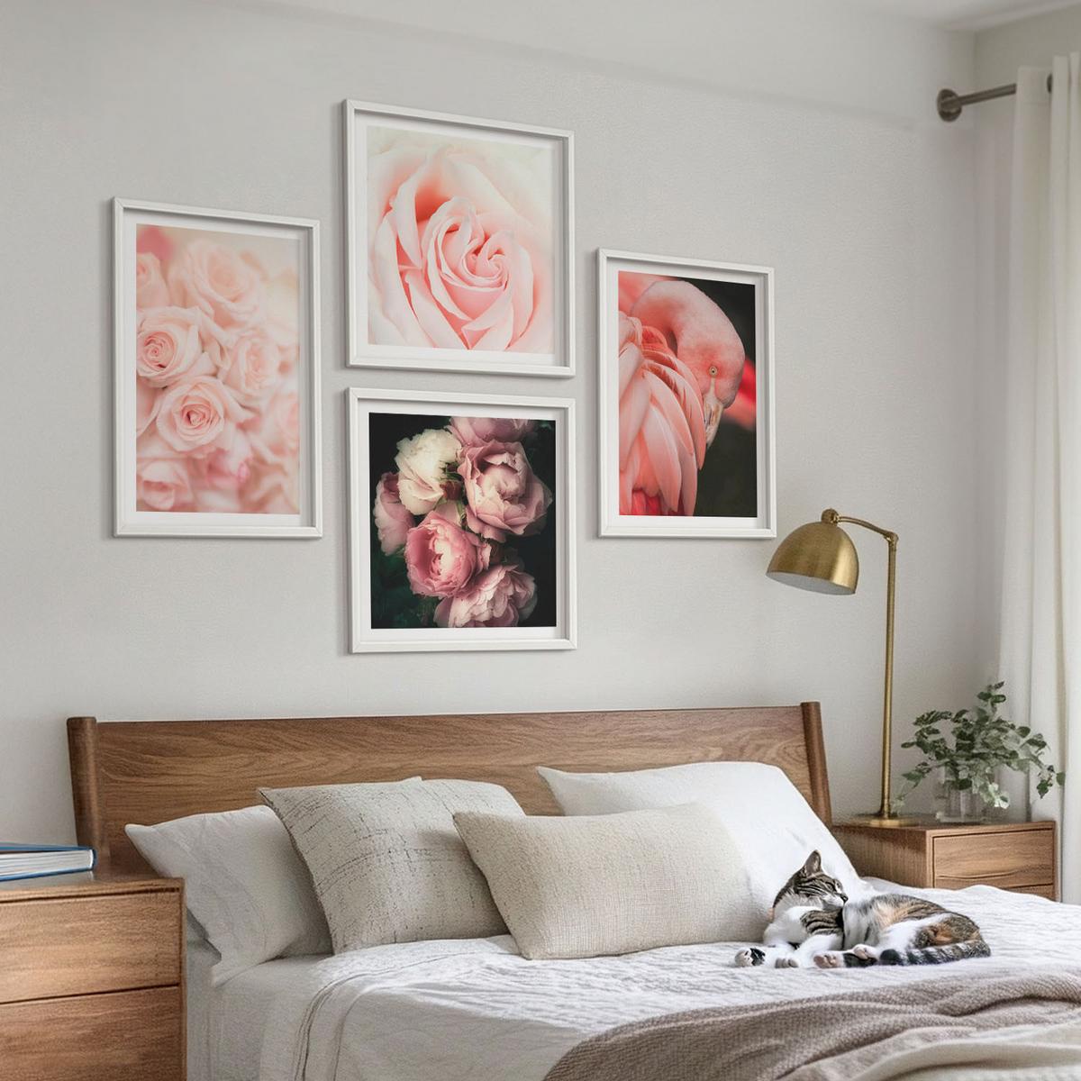BILDER SET 4er Set - 50x50 cm & 40x60 cm Weißer Rahmen - Pastellrosa Flamingos - Weiß, Kunststoff (50/50cm) - TULUP