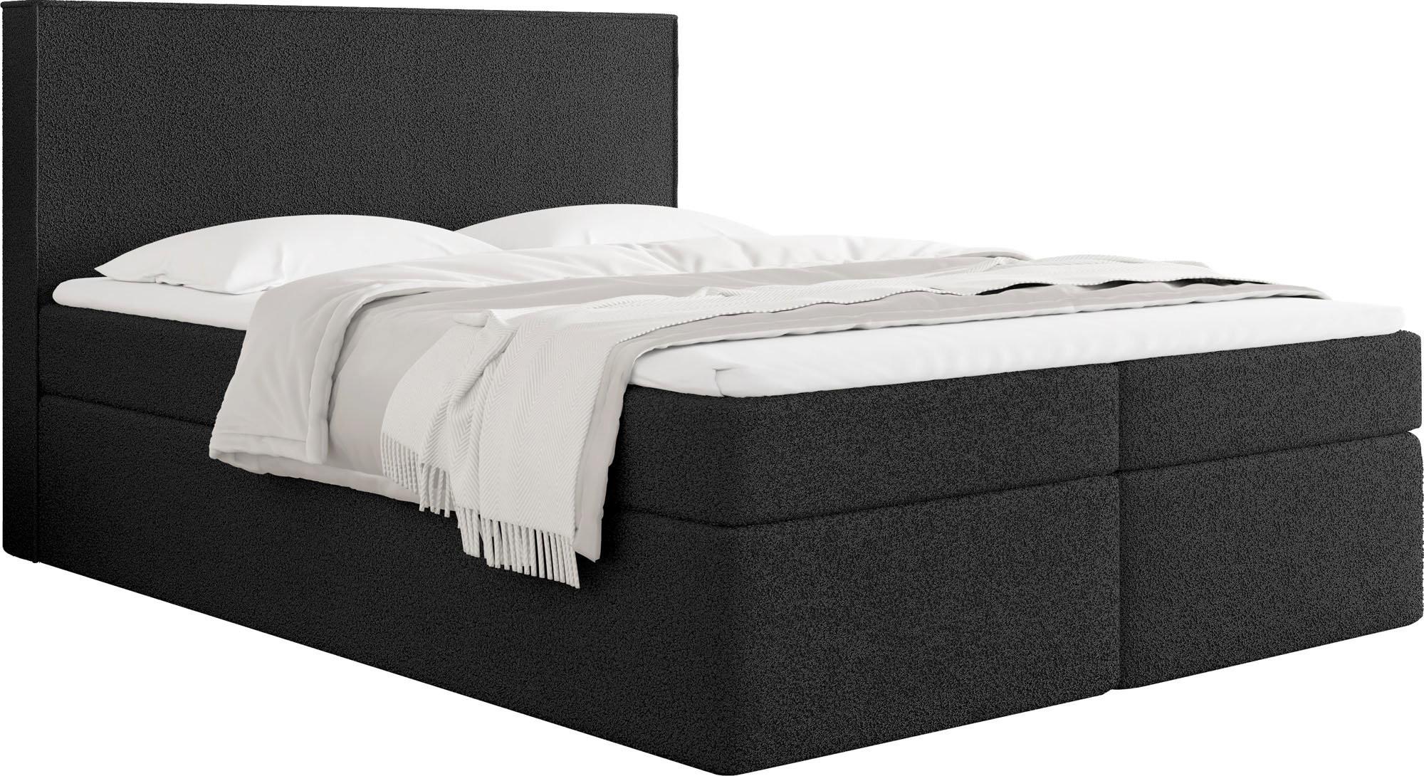BOXBETT Terra mit Bettkasten, Boucle Schwarz 140/200 cm – 7-Zonen Taschenfederkern-Matratze & Komfortschaum-Topper - Schwarz, Holz/Holzwerkstoff (140/200cm) - WFL GROUP