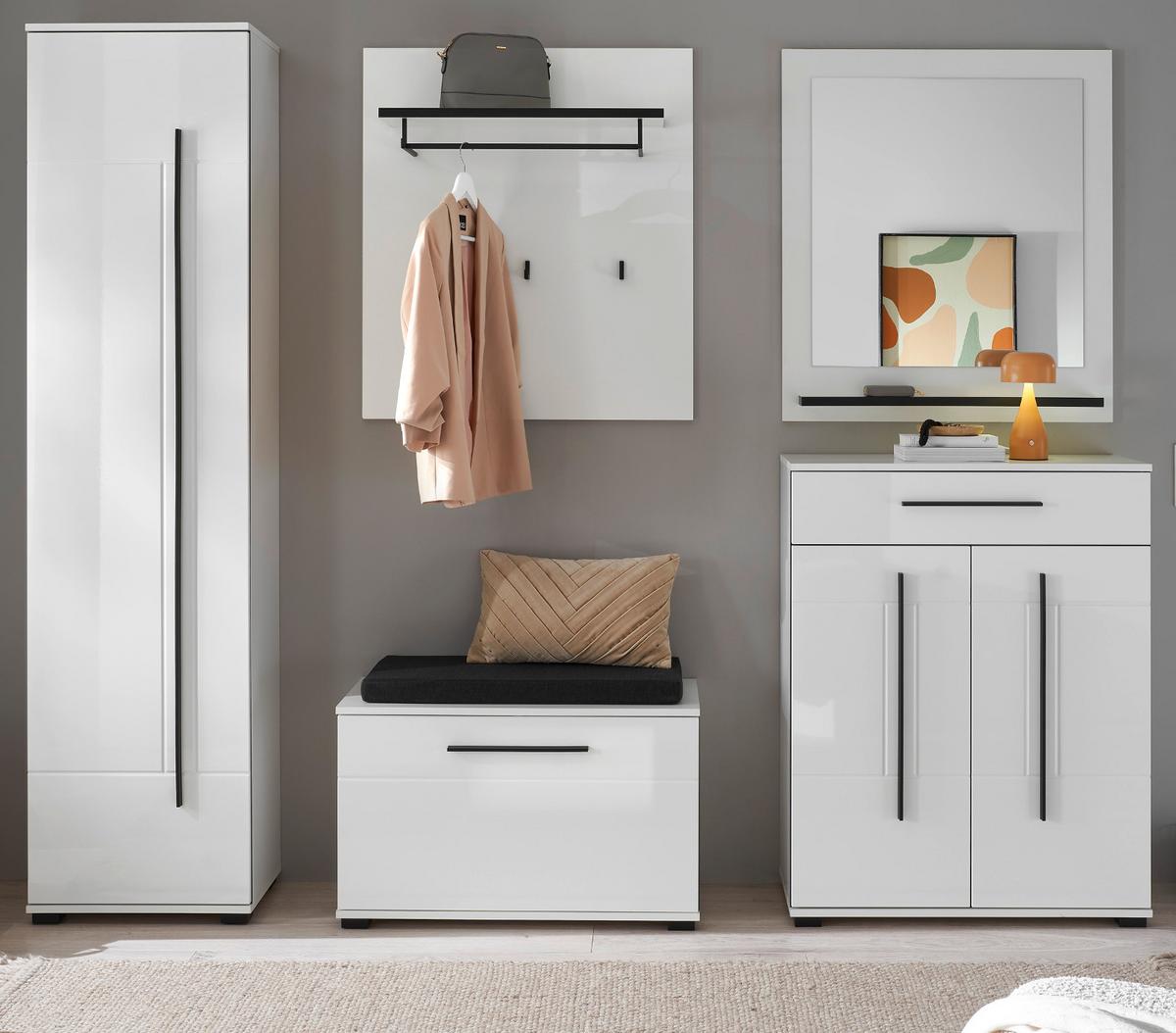 GARDEROBEN-SET weiß Hochglanz 6-teilig 230 cm, Flurgarderobe mit Soft-Close - Dunkelgrau/Weiß Hochglanz, Glas/Holzwerkstoff (230/200/40cm) - Furn.Design