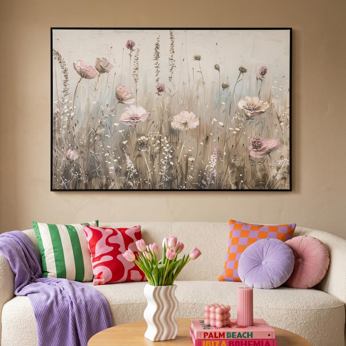 LEINWAND Bilder mit Rahmen - Blumen - Rosa - Modern - Beige - 140x90 - Beige, Textil (140/90cm) - MuchoWow