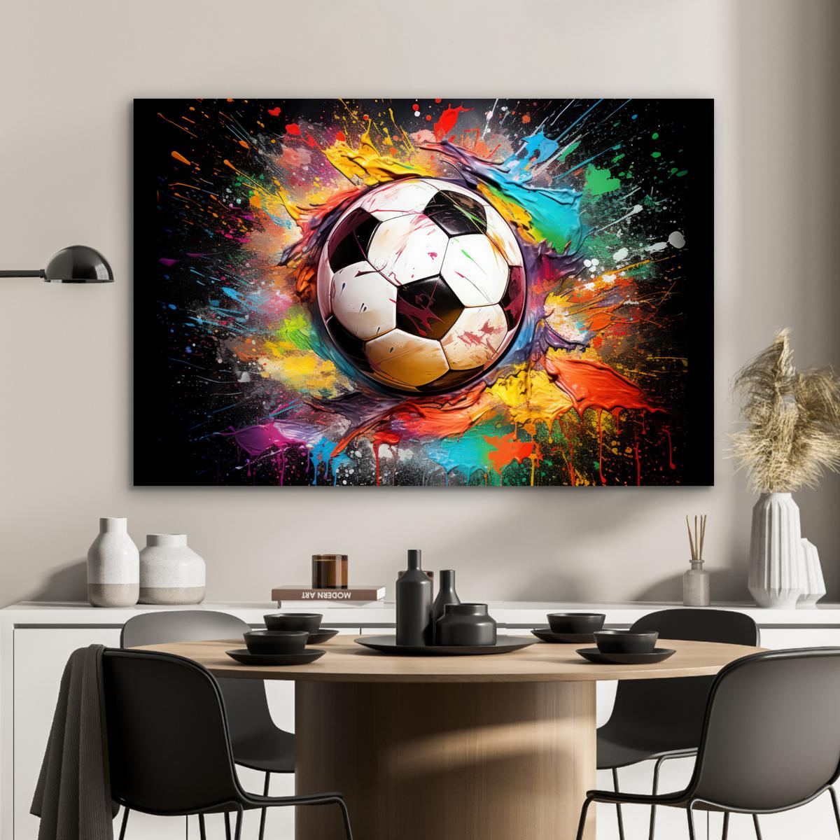METALLBILD Fußball - Farbe - Farben - Schwarz - Weiß Deko Groß 120x80 cm - Weiß, Metall (120/80cm) - MuchoWow