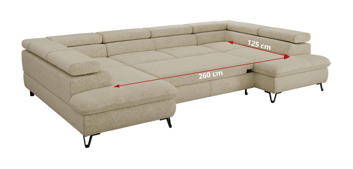 WOHNLANDSCHAFT PABLO U Strukture Creme mit Topper Visco - Creme/Schwarz, Textil/Metall (346/76/208cm) - MKS