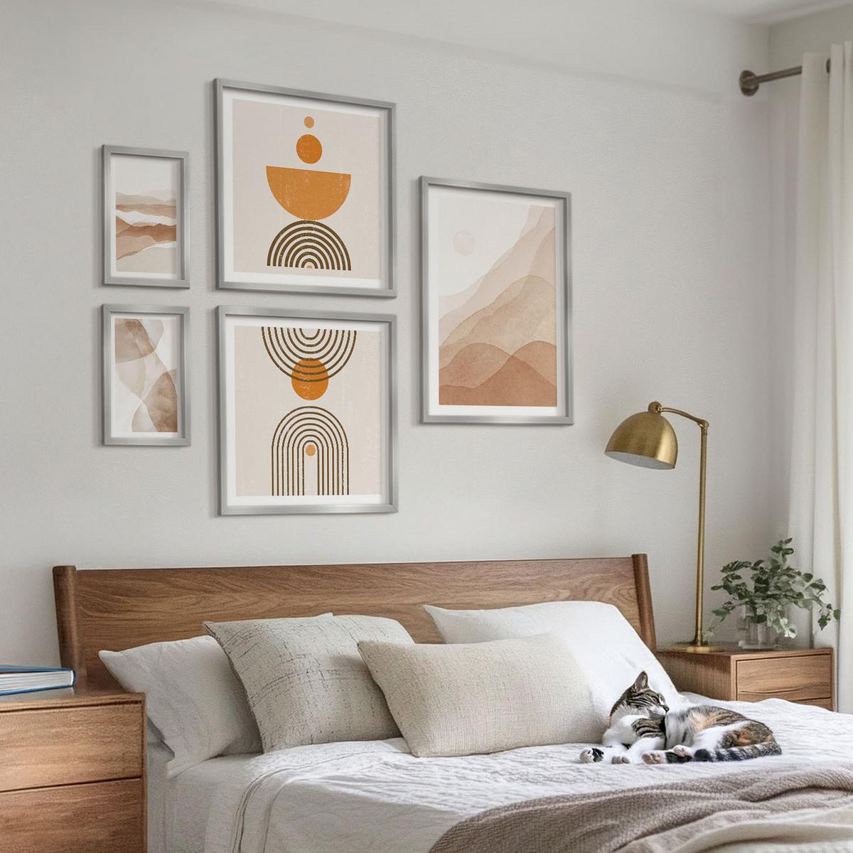BILDER SET 5er Set - 50x50 cm & 20x30 cm & 40x60 cm Silberner Rahmen - Strukturen schattieren Minimalismus - Silberfarben, Kunststoff (40/60cm) - TULUP