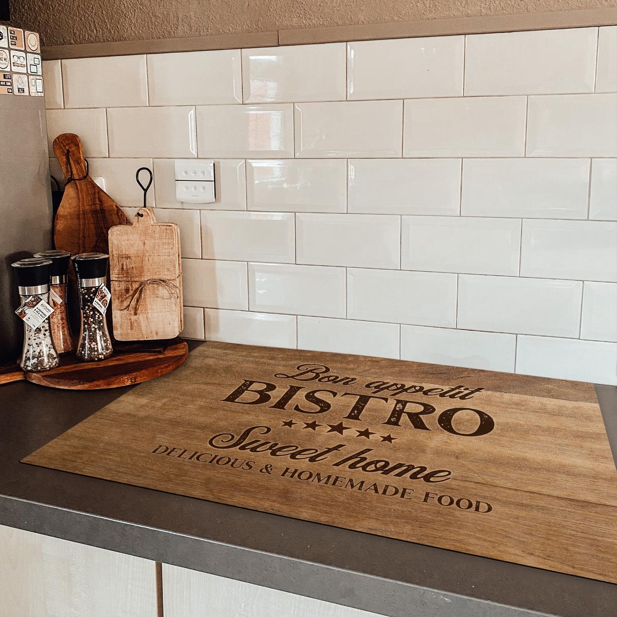 HERDABDECKPLATTE Zitat - Bistro - Guten Appetit - Süßes Zuhause - Holzmaserung Induktionsschutz 81.6x52.7 cm - Braun, Kunststoff (81.6/52.7/0.2cm) - MuchoWow