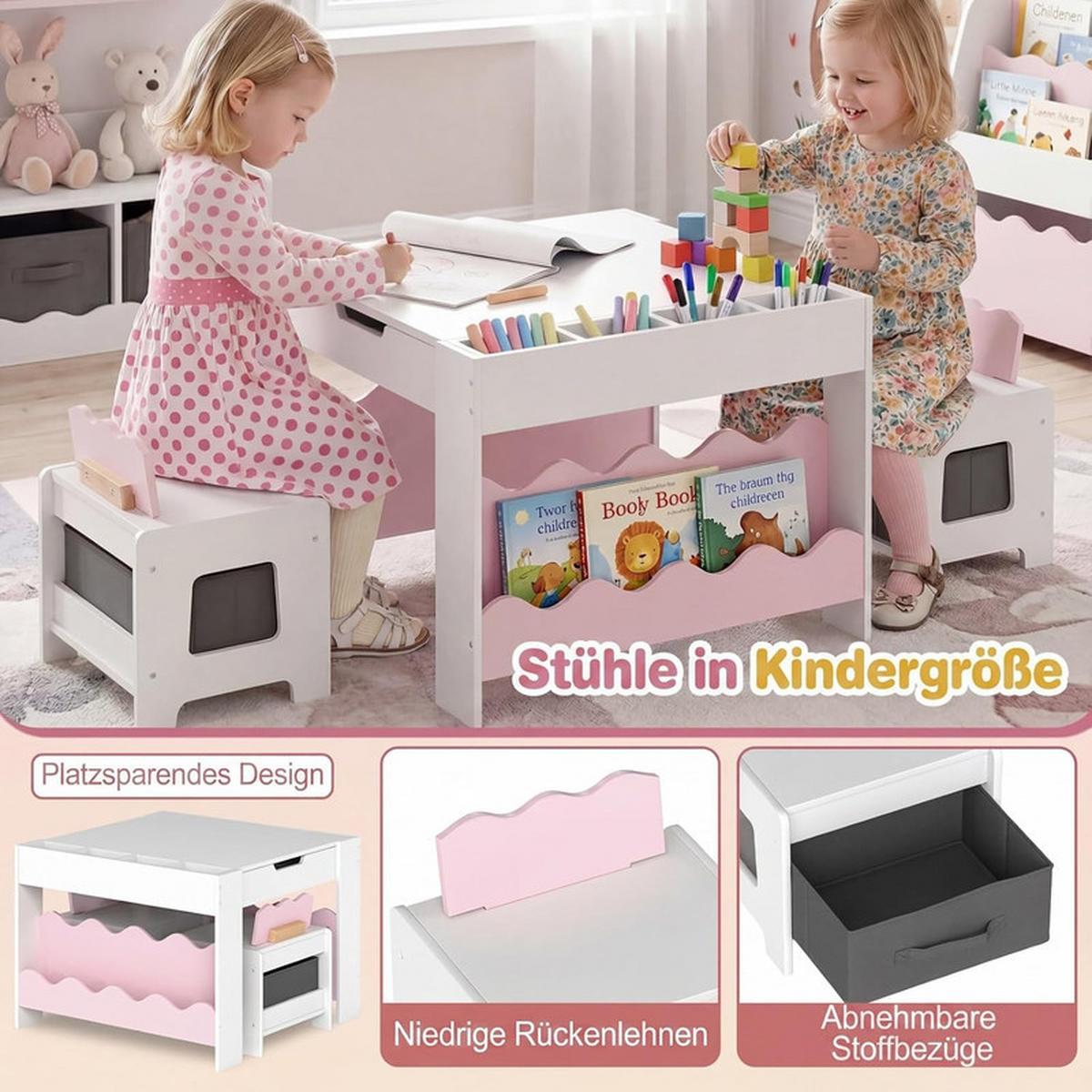 KINDERTISCH mit Stuhl rosa(3-tlg) - Pink, Holzwerkstoff (66/48/64cm) - COSTWAY