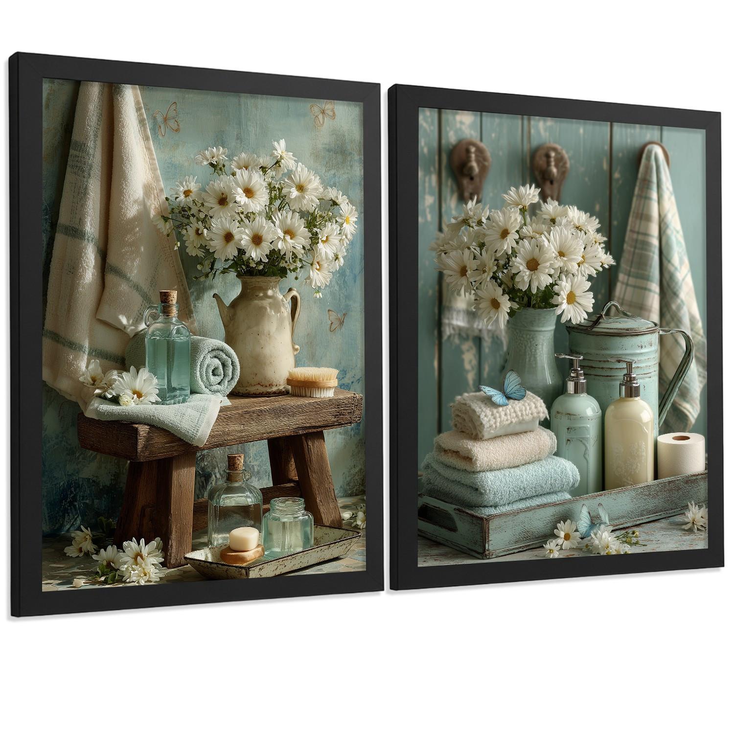 POSTER Set mit 2 dekorativen Badezimmer-Drucken, Shabby Chic Blumenposter für Wand, Waschbecken, romantische Dekoration mit Blumen Schwarzer Rahmen A3 - Schwarz, Papier (42/29.7/3cm) - Nacnic