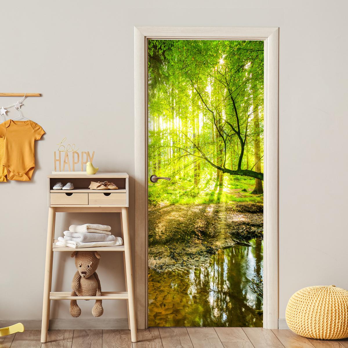 TÜRAUFKLEBER Wald - Landschaft - Wasser - Bäume - Sonne - Grün - Natur Room Decor 85x205 cm - Türtapete - Hellgrün, Kunststoff (85/0.1cm) - MuchoWow