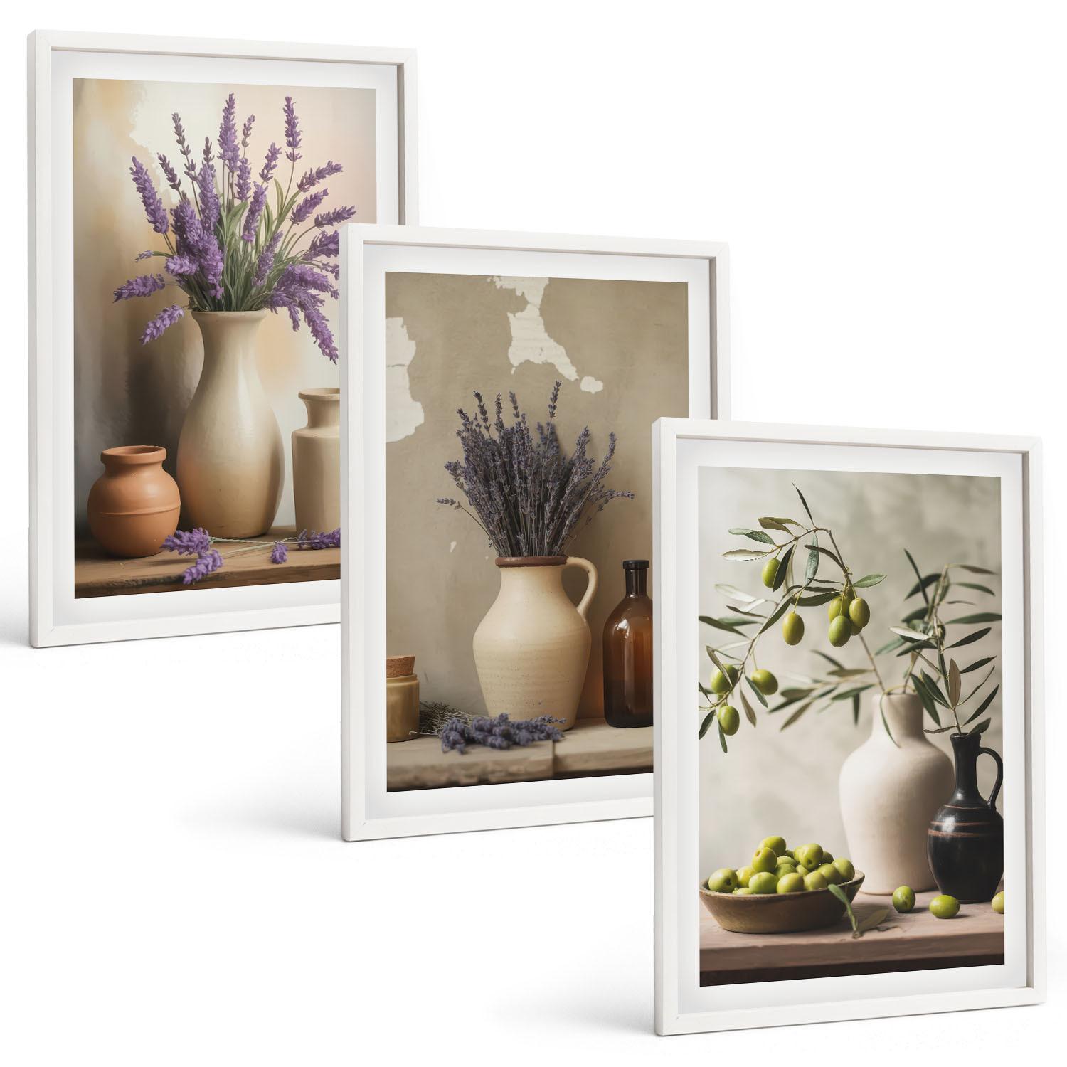 BILDER SET 3er Set - 40x60 cm Weißer Rahmen - Blumen in Vasen, Oliven, Dekorationen - Weiß, Kunststoff (40/60cm) - TULUP
