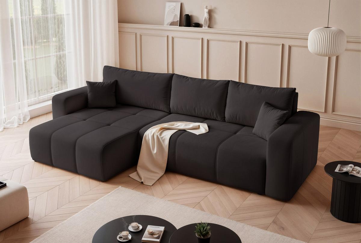 ECKSOFA PEDRO mit Schlaffunktion und Bettkasten Anthrazit - Schwarz, Holzwerkstoff/Textil (278/145cm) - Idohome