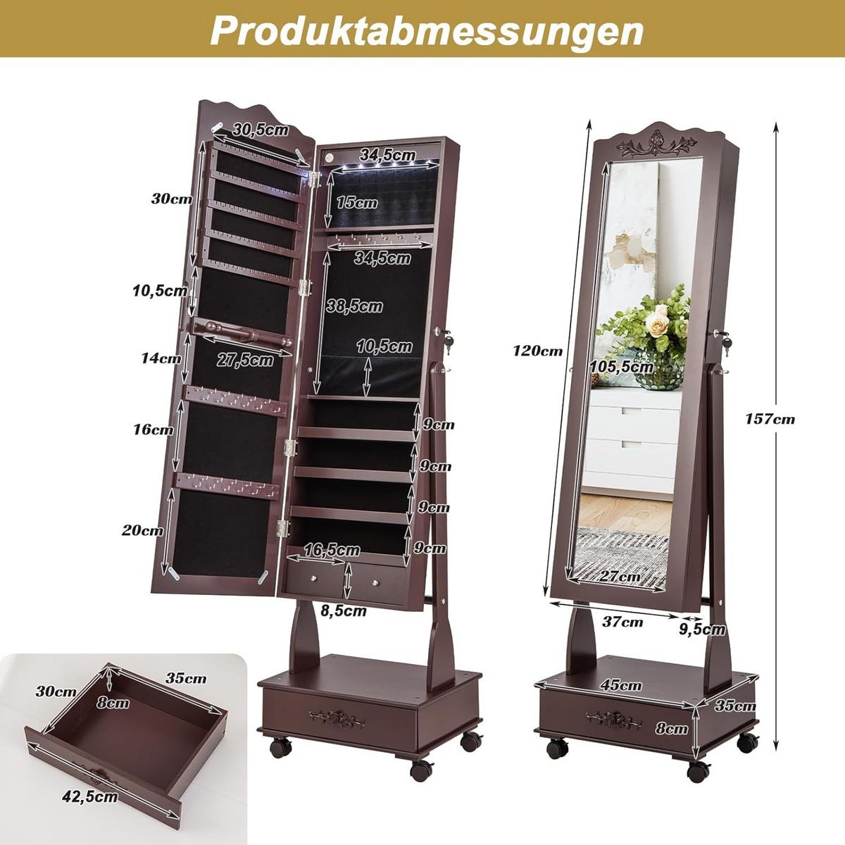 SCHMUCKSCHRANK 157cm Braun - Braun, Holz (45/157/35cm) - COSTWAY