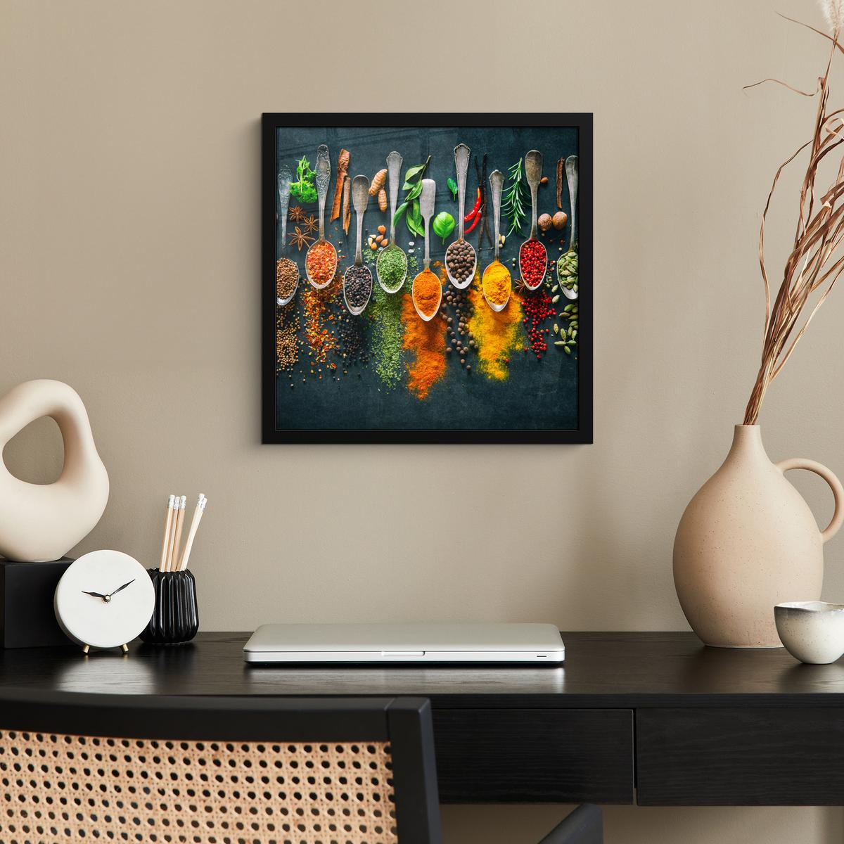 POSTER MIT RAHMENGERAHMTES BILD Kräuter - Gewürze - Löffel 40x40 cm - Currygelb, Papier (40/40cm) - MuchoWow