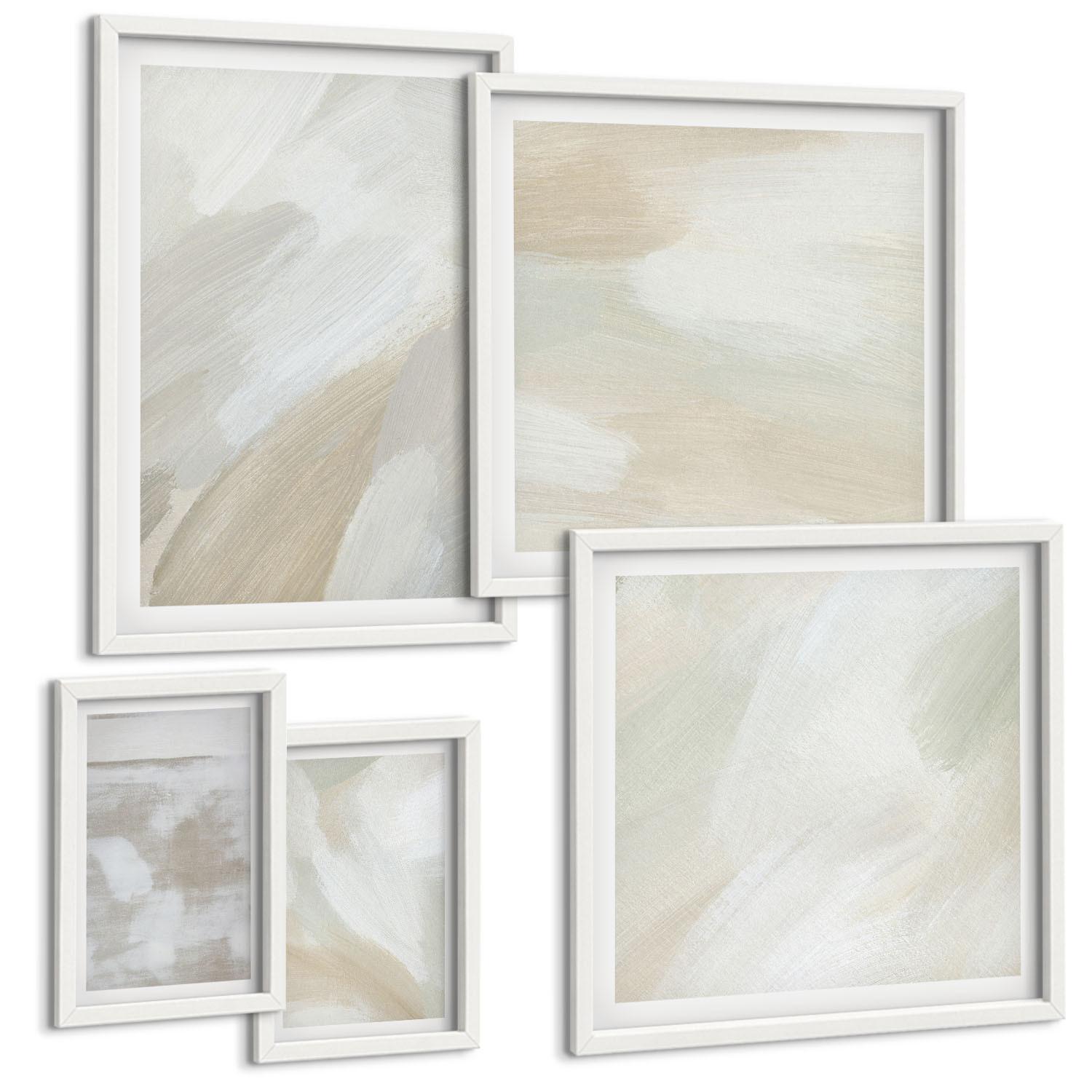 BILDER SET 5er Set - 50x50 cm & 20x30 cm & 40x60 cm Weißer Rahmen - Abstrakte Pinselmalerei auf Leinwand - Weiß, Kunststoff (40/60cm) - TULUP