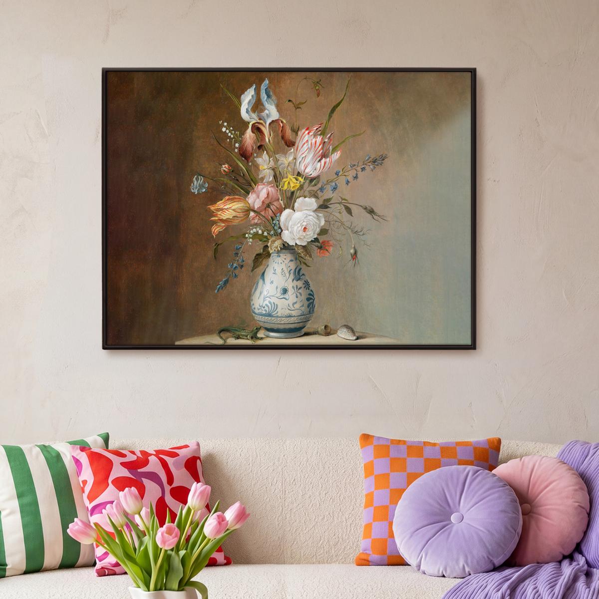 LEINWAND Bilder mit Rahmen - Alte Meister - Blumen - Balthasar van der Ast - 100x70 - Hellbraun, Textil (100/70cm) - MuchoWow