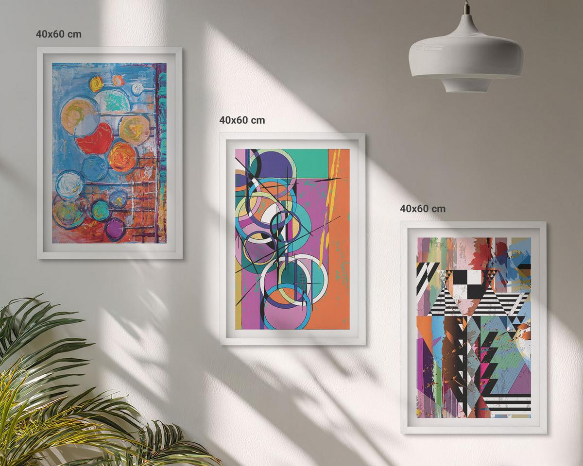 BILDER SET 3er Set - 40x60 cm Weißer Rahmen - Bunte abstrakte Kreise Geometrie - Weiß, Kunststoff (40/60cm) - TULUP