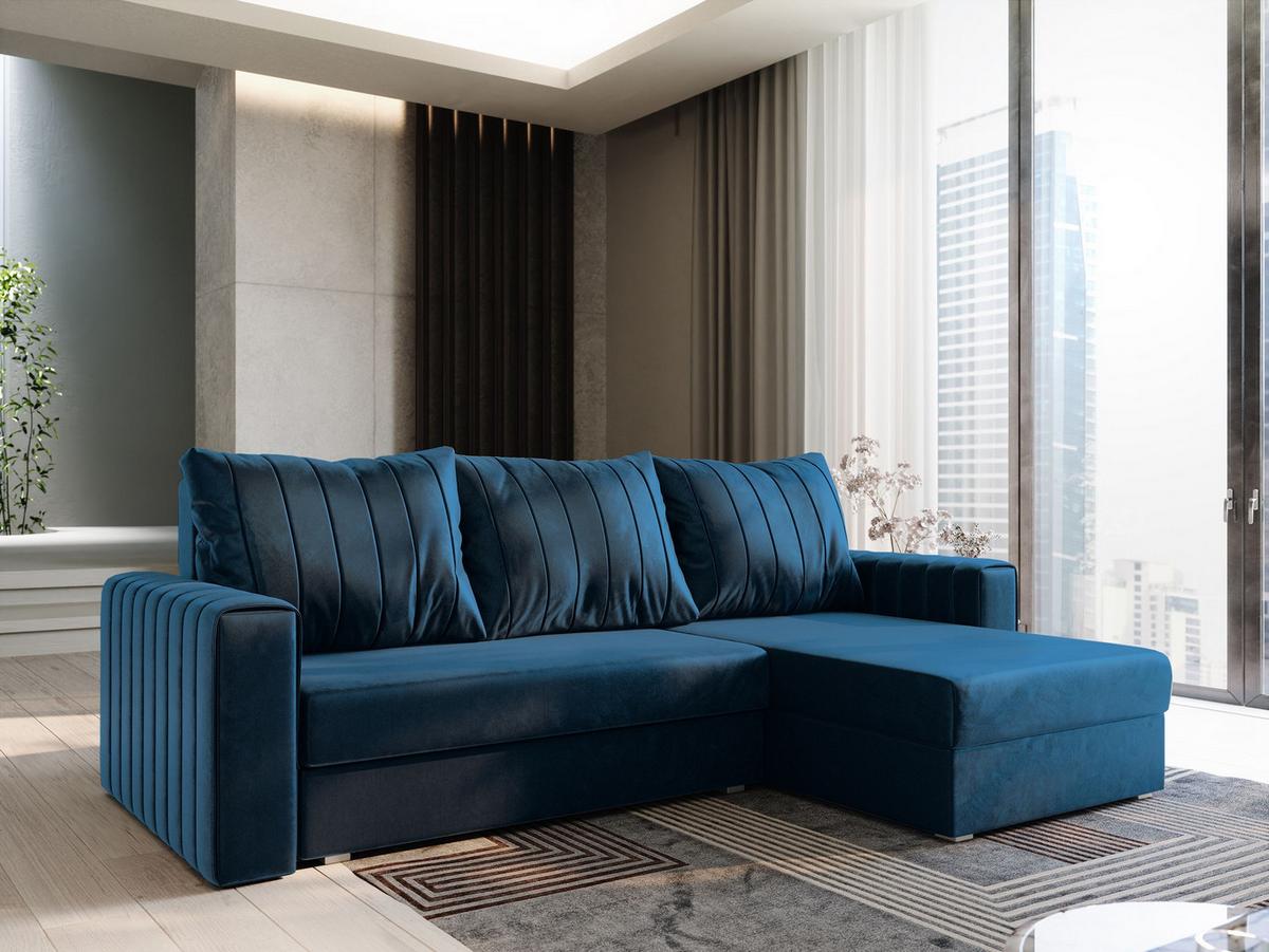 ECKSOFA CARL Blau Plüsch-Stoff mit Schlaffunktion - Blau/Grau, Holz/Kunststoff (236/150cm) - MASSENO