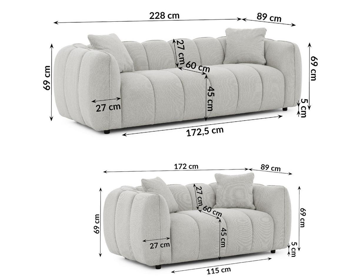 SITZGARNITUR 3+2 Nubira in tief gesteppter Bubble-Optik aus weichem Hellgrau Strukturstoff im modernen Design - Hellgrau/Schwarz, Holz/Kunststoff (228/69/89cm) - S-Style Möbel