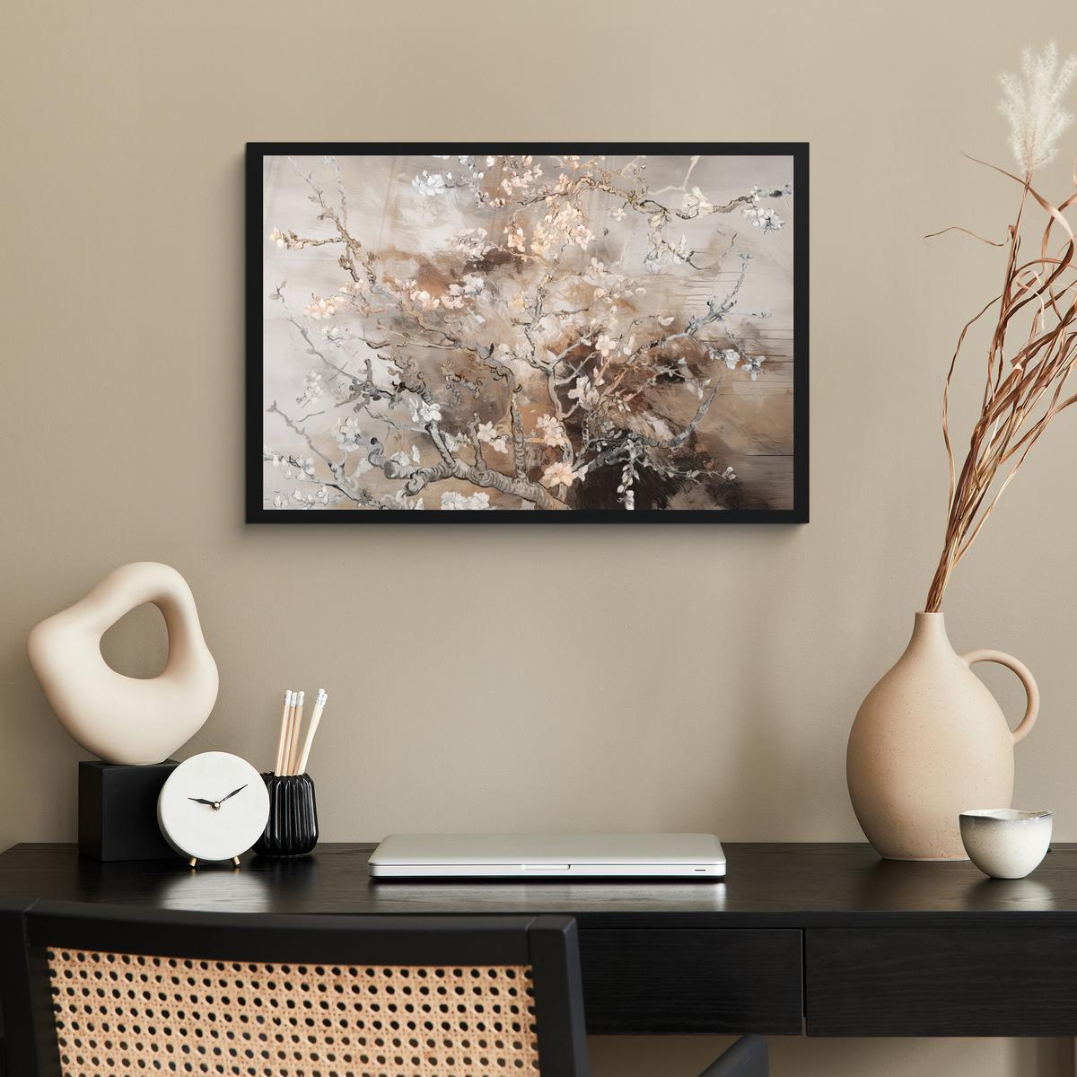 POSTER MIT RAHMENGERAHMTES BILD Mandelblüte - Kunst - Van Gogh - Beige - Abstrakt 60x40 cm - Braun, Papier (60/40cm) - MuchoWow