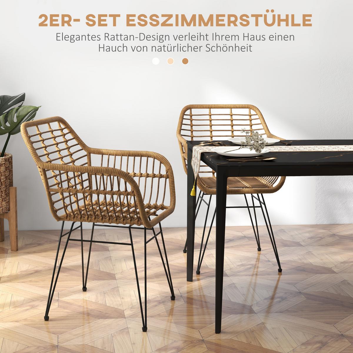 ESSZIMMERSTÜHLE 2er Set Essstuhl mit Rückenlehne Küchenstühle mit Rattenoptik - Braun, Kunststoff (60/79/56cm) - HOMCOM