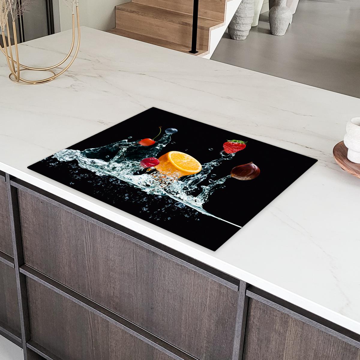 HERDABDECKPLATTE Wasser - Obst - Orange - Erdbeere - Kirsche - Schwarz Induktionsmatte 77x59 cm - Orange, Kunststoff (77/59/0.2cm) - MuchoWow