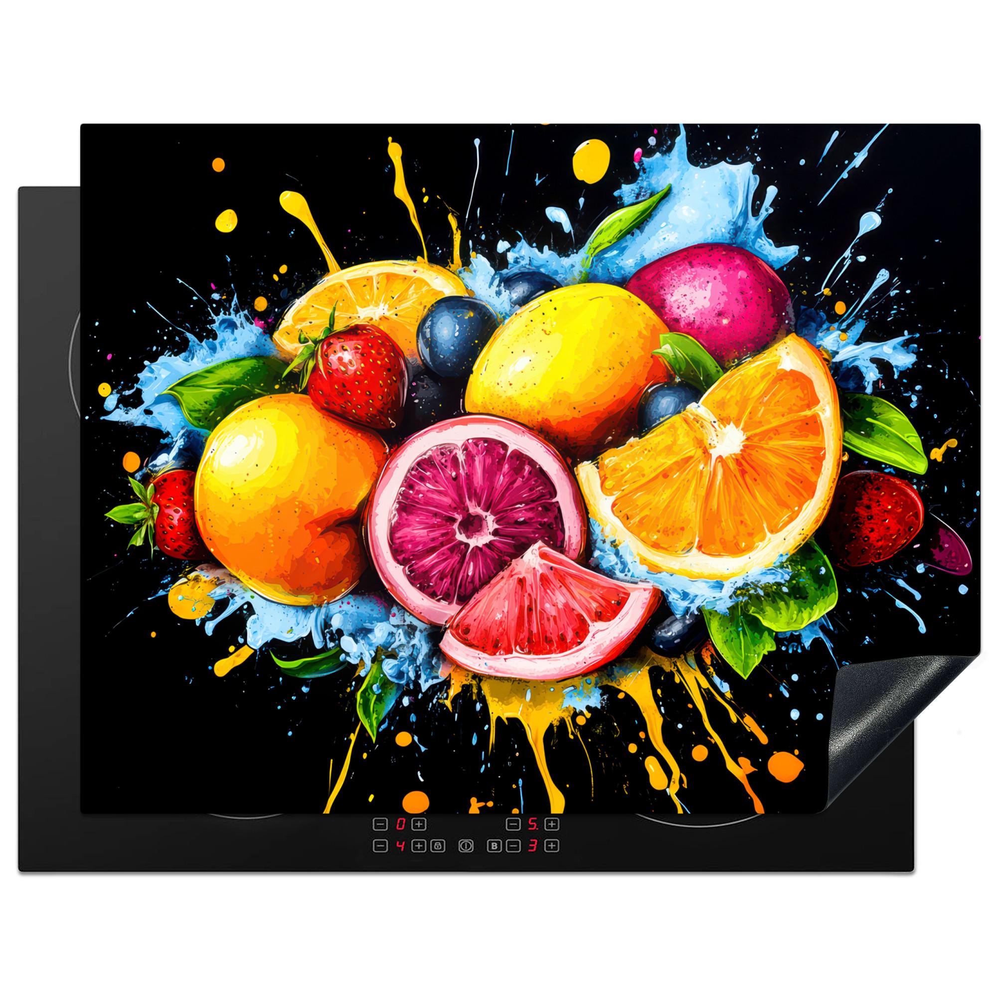 HERDABDECKPLATTE Obst - Graffiti - Bunt - Orange - Erdbeere - Abstrakt Induktionsmatte 77x59 cm - Orange, Kunststoff (77/59/0.2cm) - MuchoWow