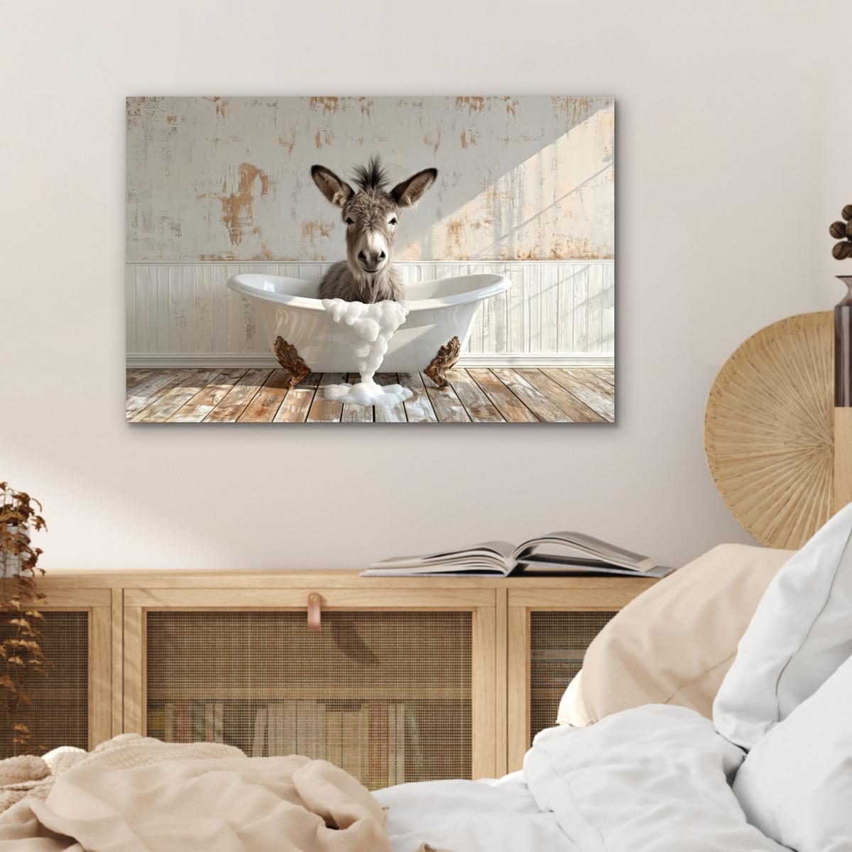 METALLBILD Esel - Tiere - Badewanne - Schaumstoff Wandbild 60x40 cm - Weiß, Metall (60/40cm) - MuchoWow