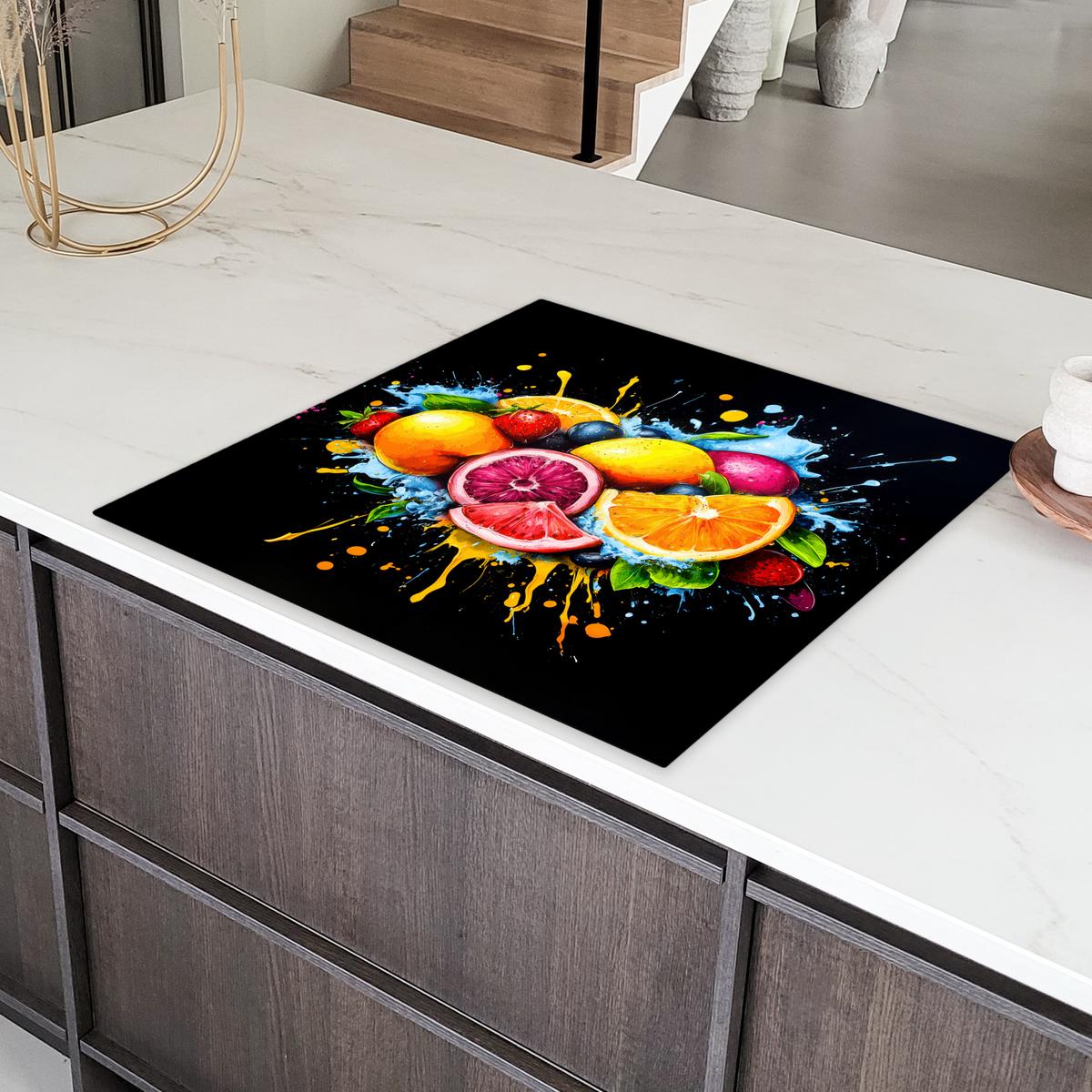 HERDABDECKPLATTE Obst - Graffiti - Bunt - Orange - Erdbeere - Abstrakt Induktionsmatte 78x78 cm - Orange, Kunststoff (78/78/0.2cm) - MuchoWow