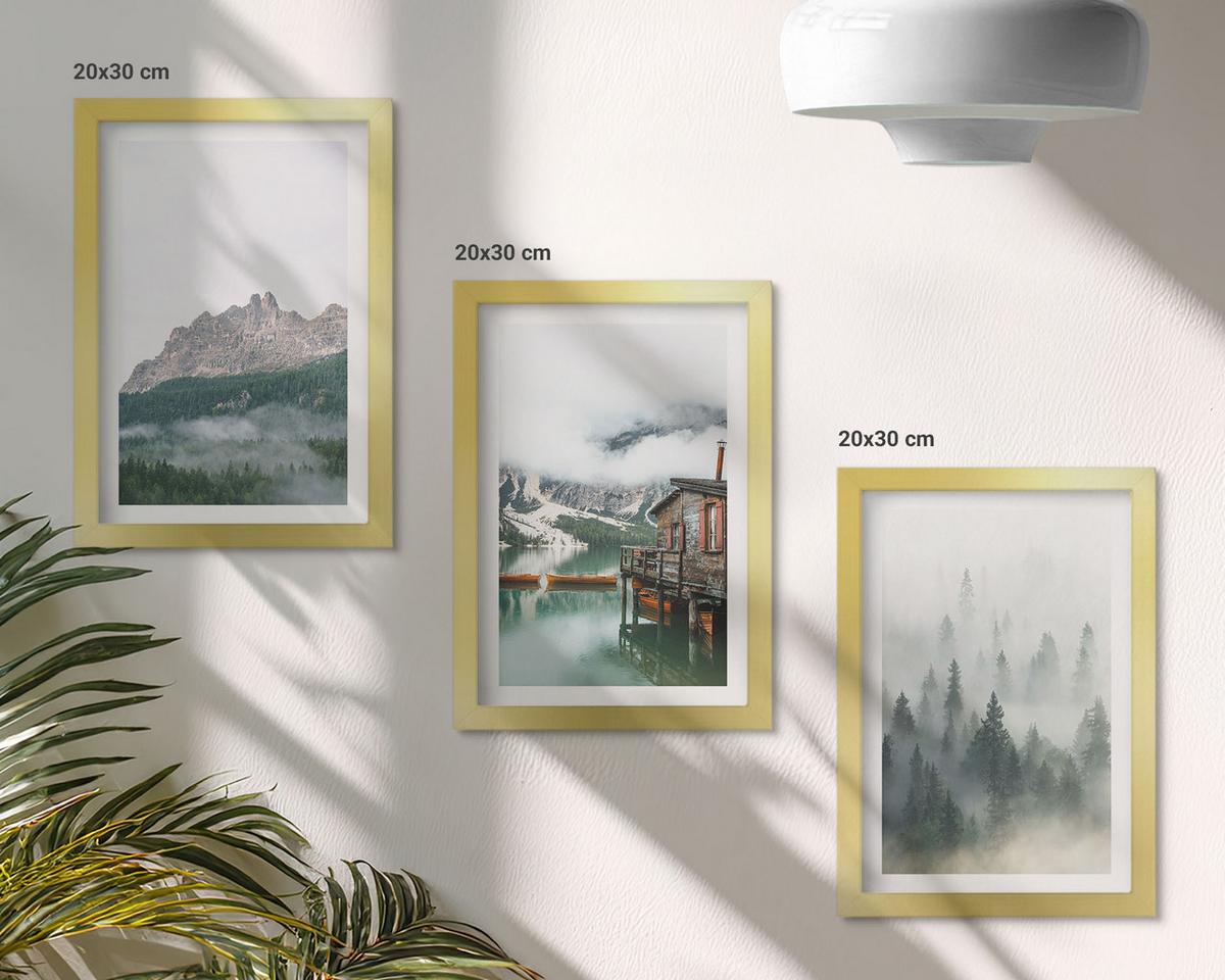 BILDER SET 3er Set - 20x30 cm Goldrahmen - Berge, See, Hütte, Nebel - Goldfarben, Kunststoff (20/30cm) - TULUP