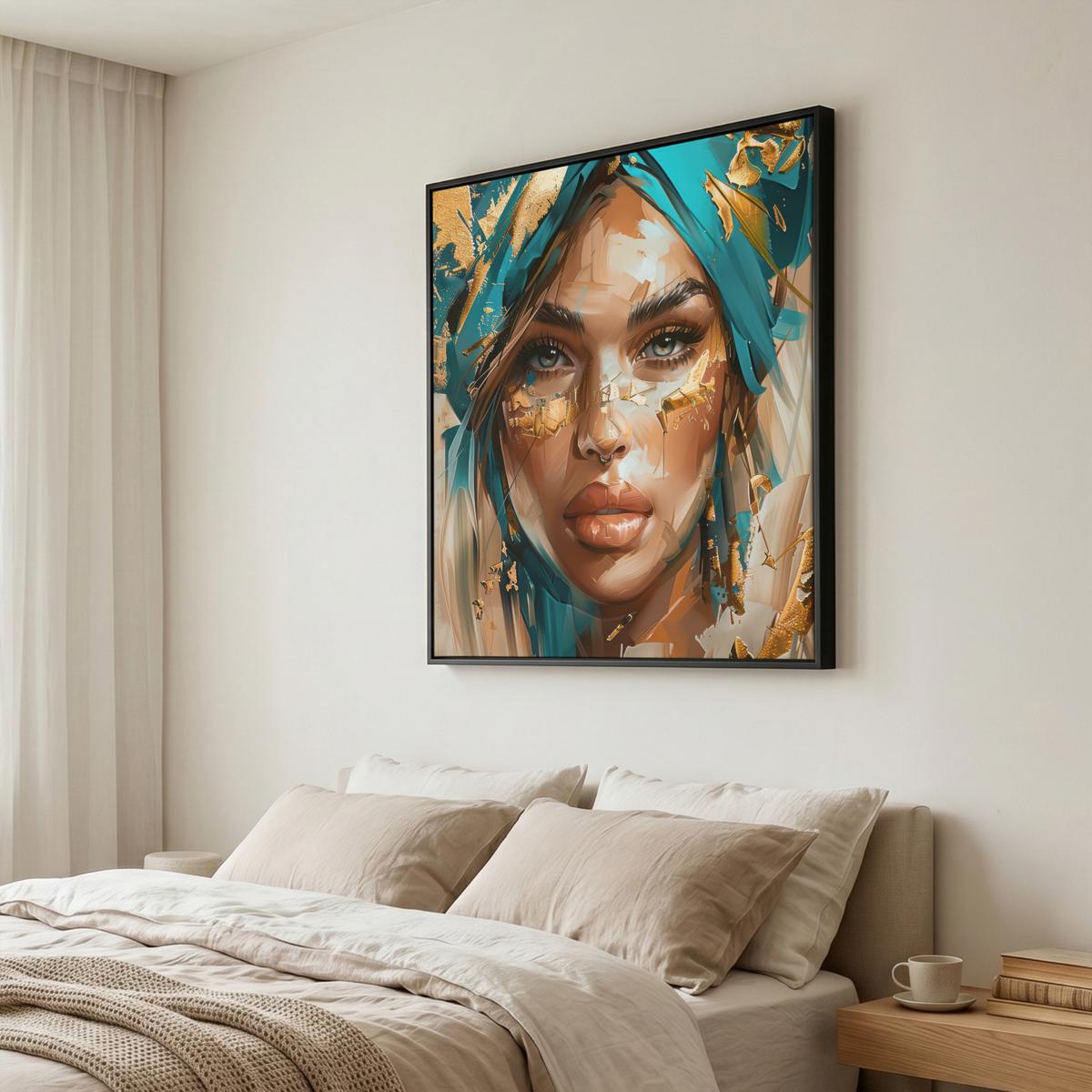 LEINWAND Bilder mit Rahmen - Frau - Porträt - Gold - Luxus - Blau - 90x90 - Türkis, Textil (90/90cm) - MuchoWow