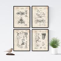 POSTER Set mit 4 Kinderspielzeug Patent Stil von Puppen und Spielen A4 Schwarzer Rahmen - Schwarz, Papier (29.7/3cm) - Nacnic
