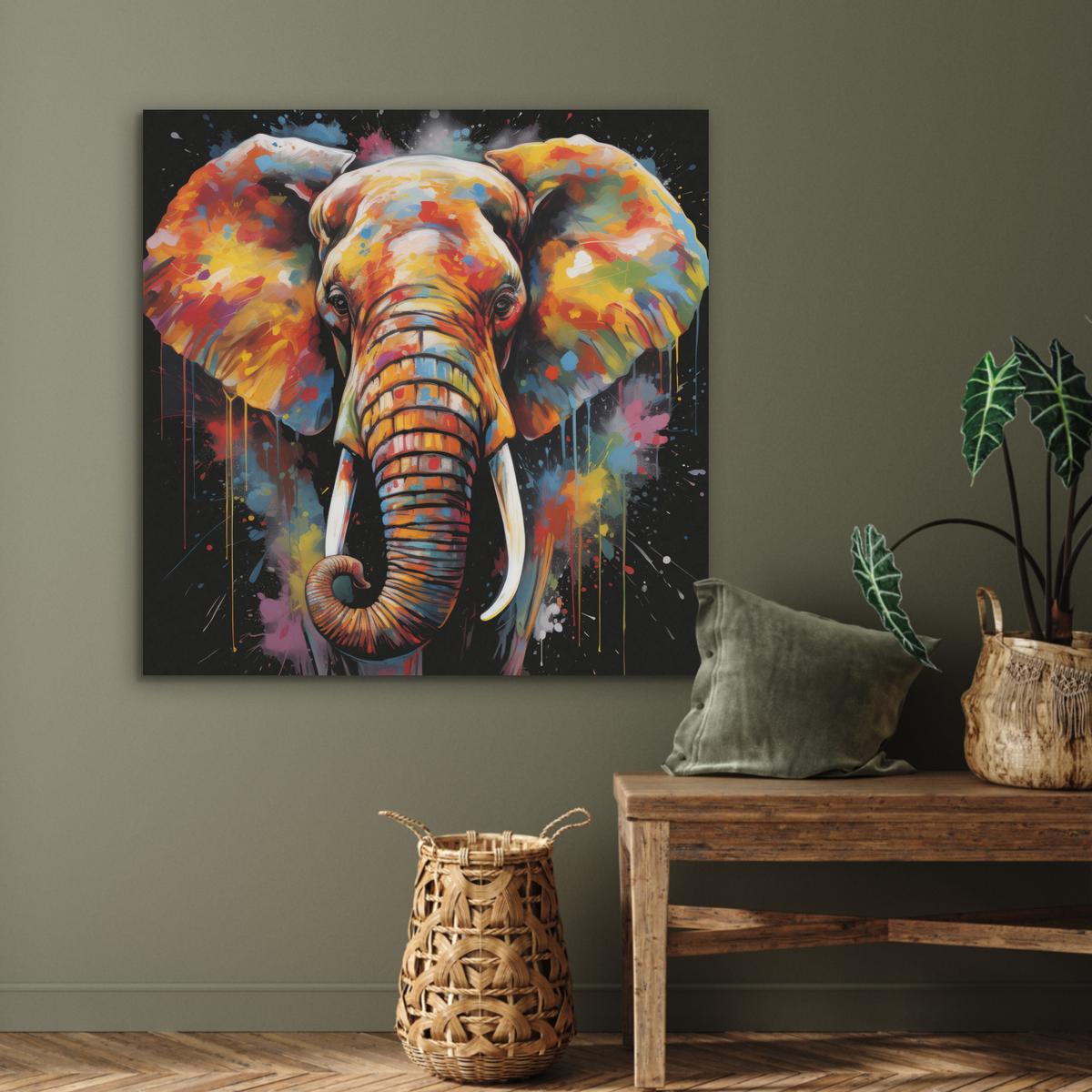 AKUSTIKBILD Elefant - Graffiti - Schwarz - Tiere - Farben Akustikpaneele 90x90 cm - Schwarz, Kunststoff (90/90/0.9cm) - MuchoWow