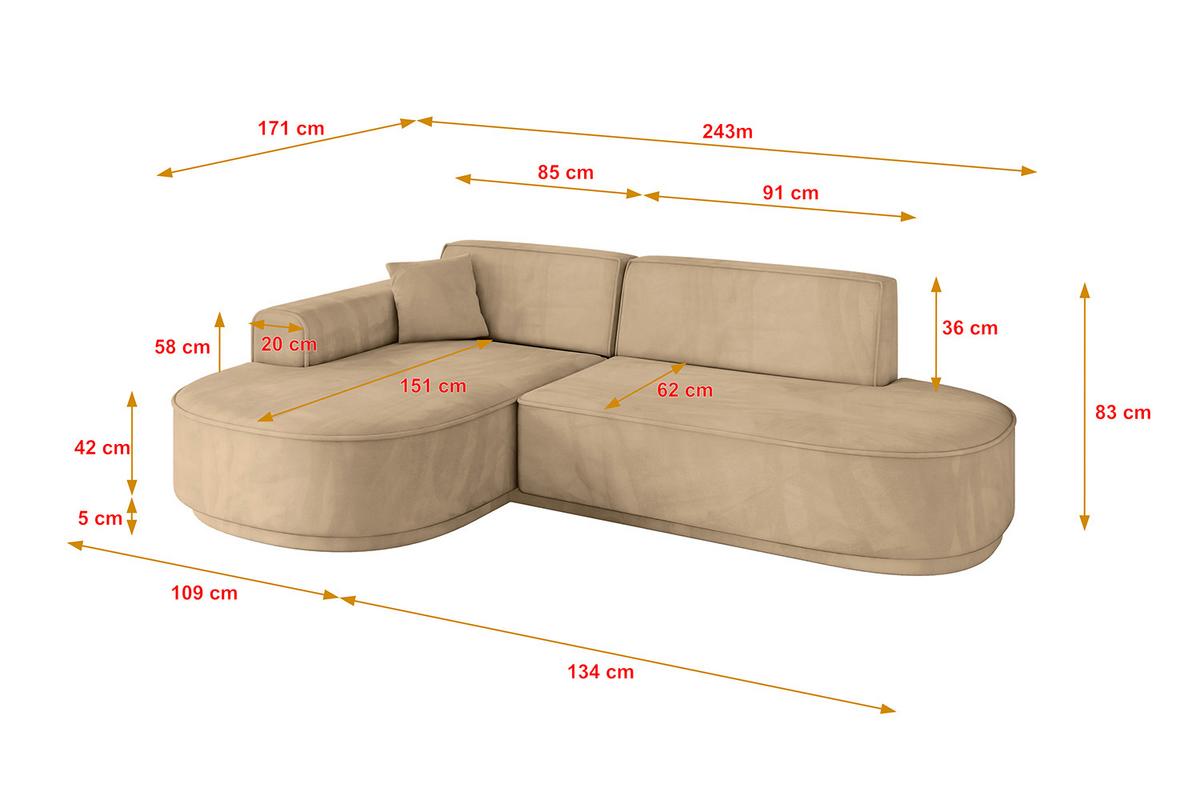 ECKSOFA Ottomane Links MARI-L1-v3 - 243x171x83 cm Taupe Velours - Taupe/Schwarz, Holzwerkstoff/Kunststoff (243/171cm) - ALTDECOR