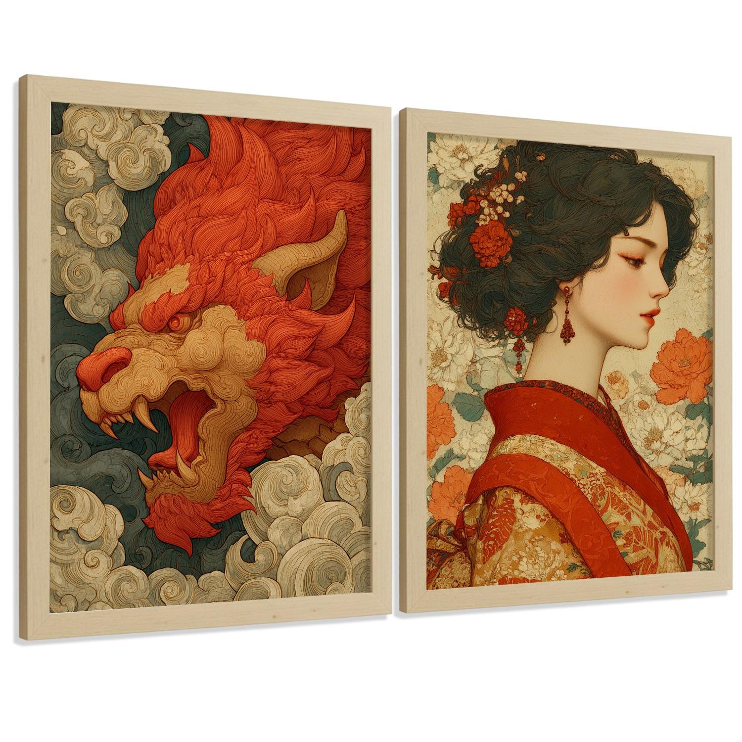 POSTER 2er-Set dekorative Badezimmer-Kunstdrucke, im japanischen Stil für Wand, Toilette mit orientalischem Drachen und Frau Leichter Holzrahmen A3 - Beige, Papier (42/29.7/3cm) - Nacnic
