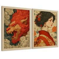POSTER 2er-Set dekorative Badezimmer-Kunstdrucke, im japanischen Stil für Wand, Toilette mit orientalischem Drachen und Frau Leichter Holzrahmen A3 - Beige, Papier (42/29.7/3cm) - Nacnic