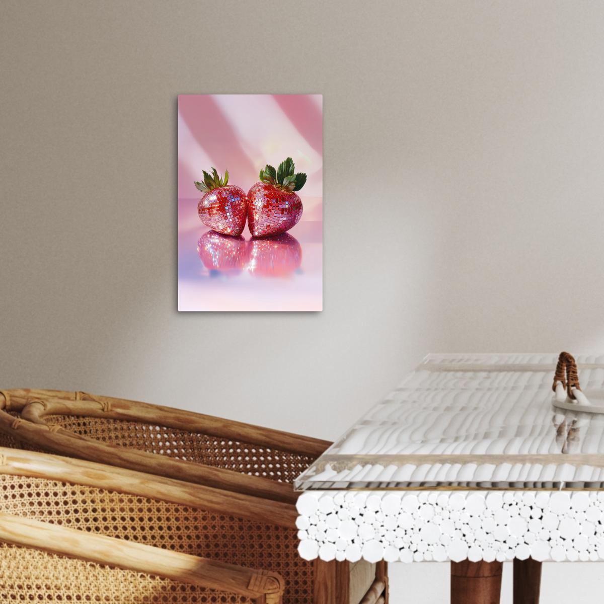 LEINWANDBILD Disco - Obst - Glitzer - Erdbeere Deko Wohnzimmer 20x30 cm - Pink, Textil (20/30cm) - MuchoWow