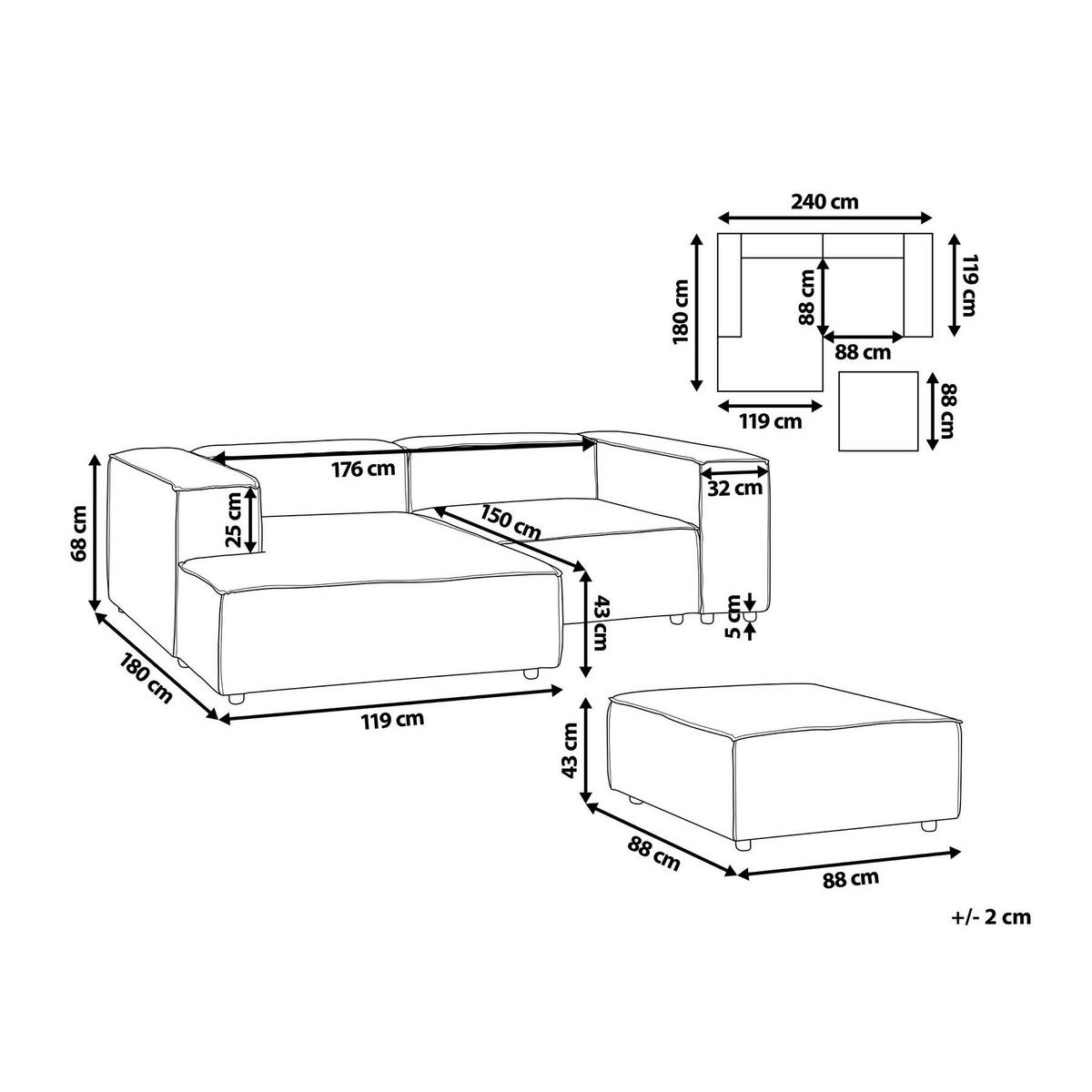 ECKSOFA Modul 3-Sitzer rechtsseitig Cremeweiß Cord mit Ottomane Ardal - Creme, Textil (240/180cm) - Beliani