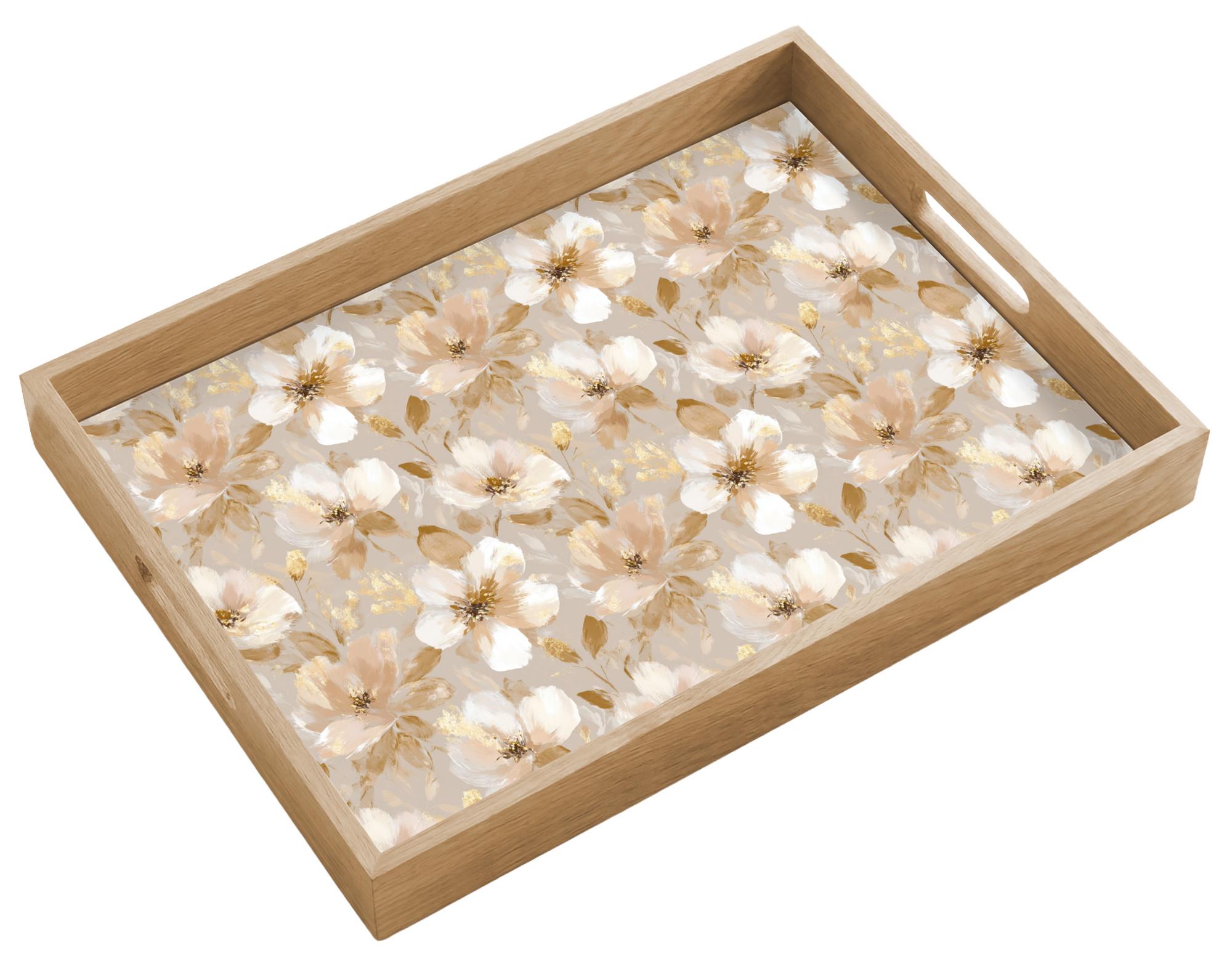 TABLETT Blumen - künstlerisch - Gold 50x35 cm - Beige, Holz (50/5/5cm) - OnlyWow