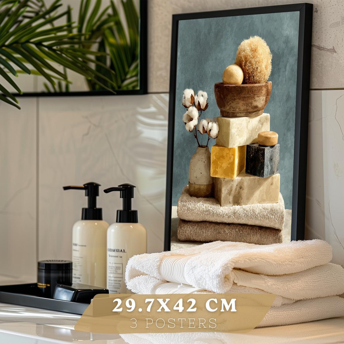 POSTER 3er-Set dekorative Badezimmer-Wandbilder und für Waschbecken, Dusche, WC mit Kerzen, Seifen und Blumen, farbenfroher Schwarzer Rahmen A3 - Schwarz, Papier (42/29.7/3cm) - Nacnic