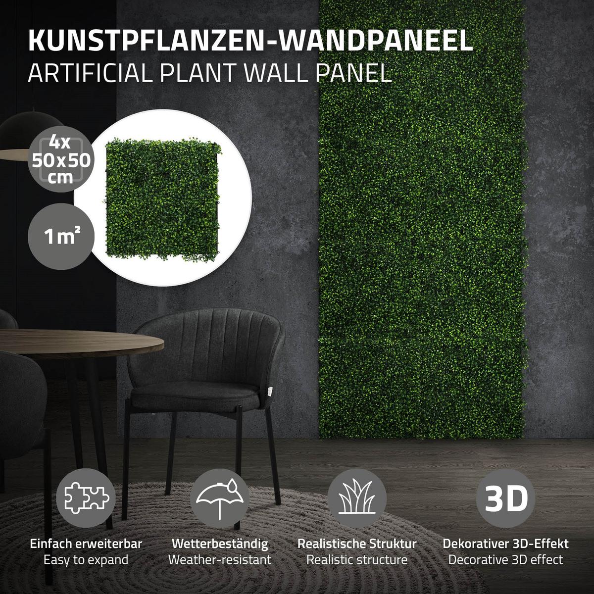 KÜNSTLICHE PFLANZENWAND 4er Set 50x50 cm Kunstpflanzen Wand Innen Aussen Grün Classic Buxus - Dunkelgrün, Kunststoff (50/50/5cm) - ECD-Germany