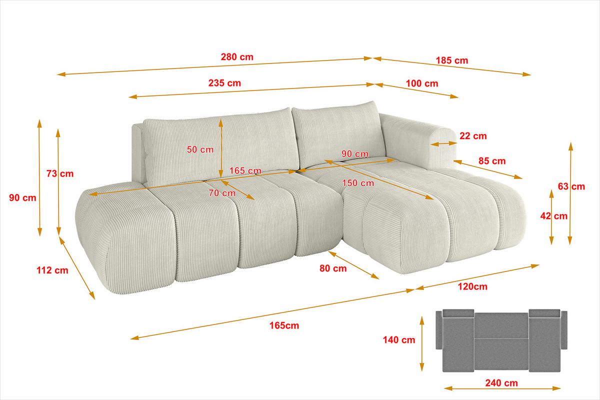 ECKSOFA Ottomane Rechts CLOUD-L 280x185x90 Creme Cord - Hellgrau/Creme, Holzwerkstoff/Kunststoff (185/280cm) - ALTDECOR