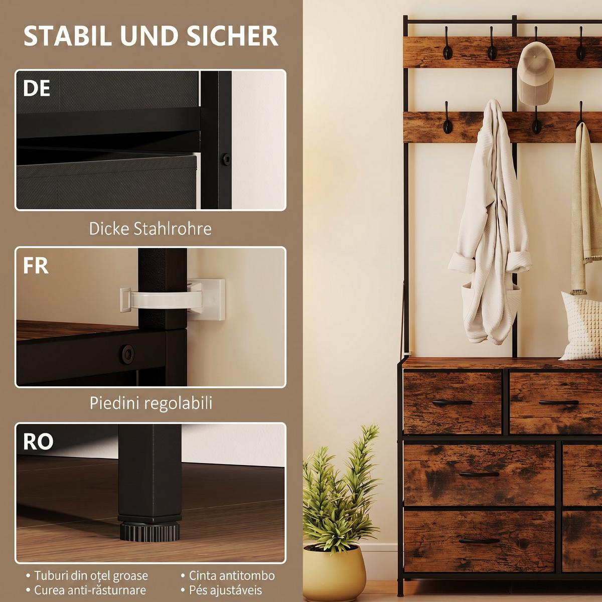 GARDEROBENSTÄNDER Spanplatte Stahl Rustikal Braun - Schwarz/Braun, Holzwerkstoff/Textil (100/183/30cm) - HOMCOM