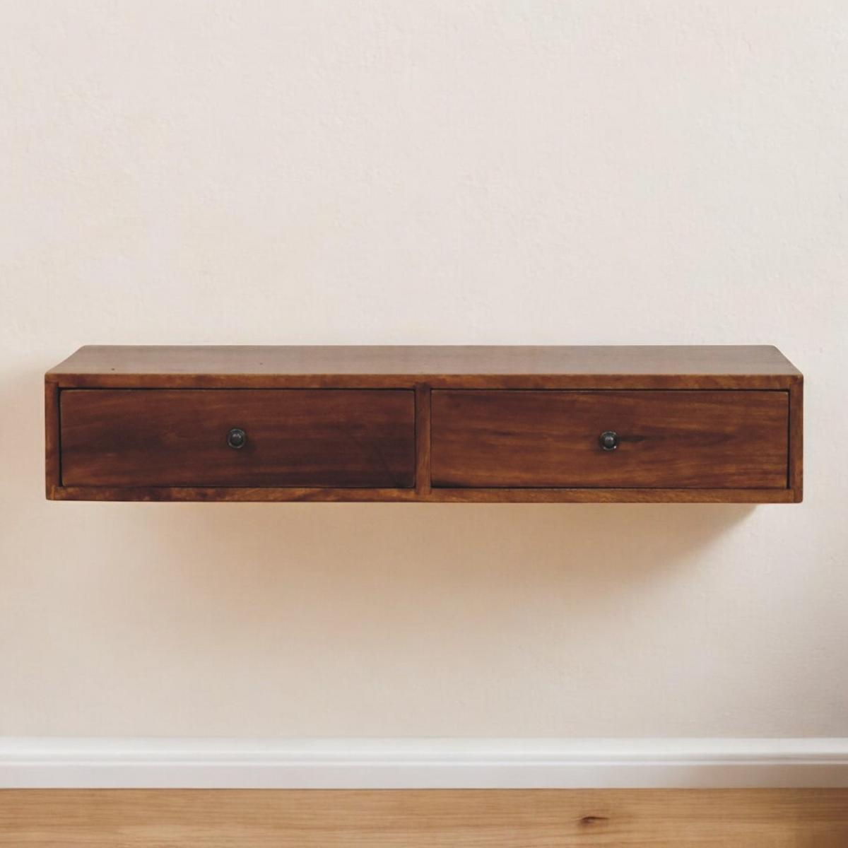 KONSOLE Lunar Kastanie Wandmontiert, 2 Schubladen, Dunkelbraun - Dunkelbraun/Messingfarben, Holz/Metall (88/15/32cm) - Artisan Furniture