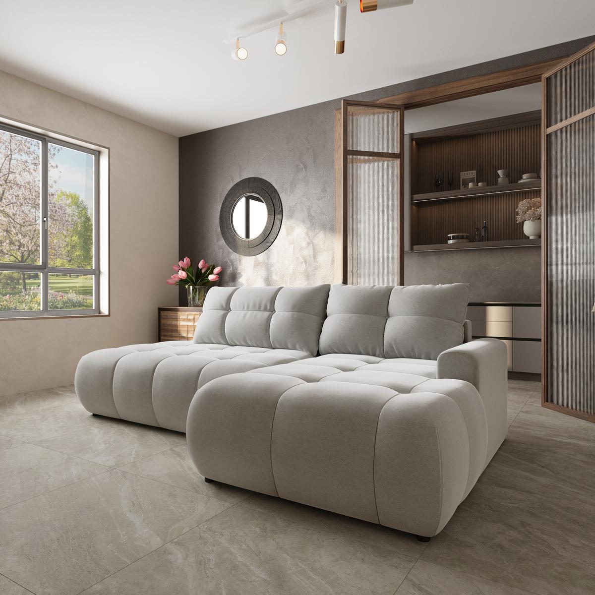 ECKSOFA FLUMA CL R-S Hellgrau Samtstoff mit Schlaffunktion - Hellgrau, Holzwerkstoff/Textil (279/158cm) - MASSENO