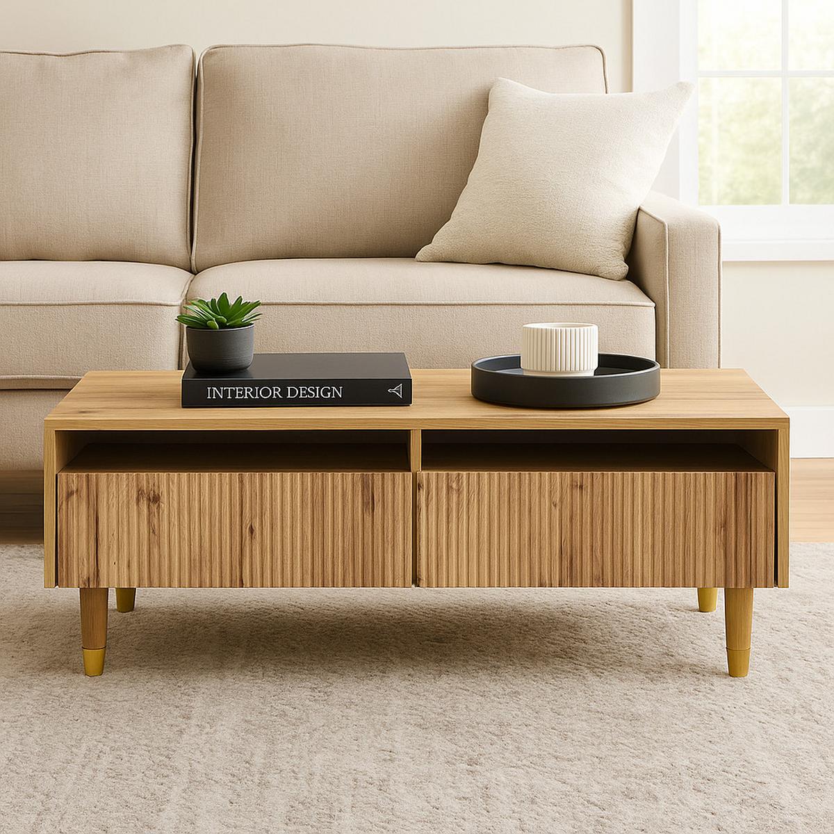 COUCHTISCH mit LED-Beleuchtung Eiche Nachbildung und 2 Schubladen - Schwarz, Holzwerkstoff/Metall (50/110/40cm) - Urban Meuble