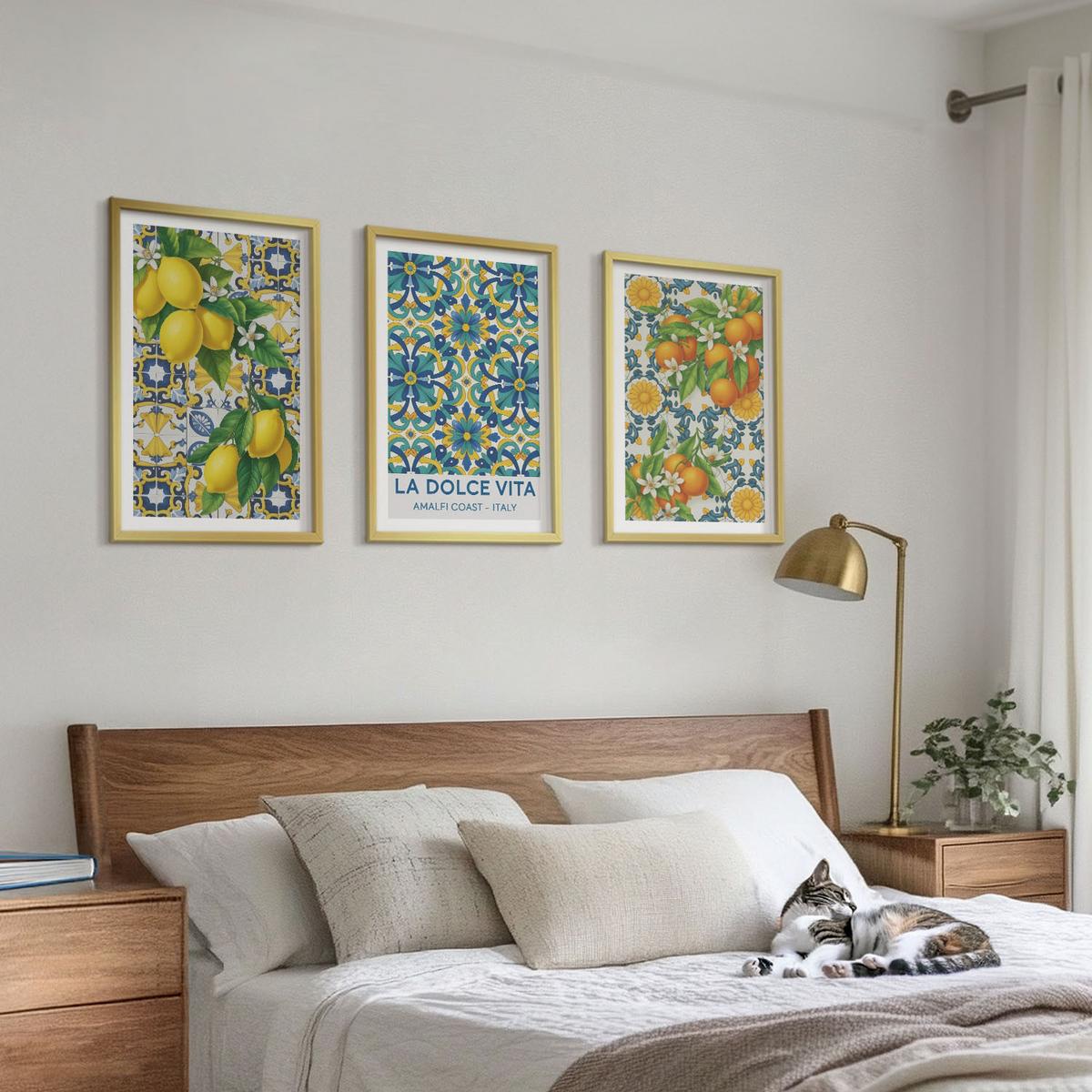 BILDER SET 3er Set - 40x60 cm Goldrahmen - Zitronen, Orangen, Blumen, Italien - Goldfarben, Kunststoff (40/60cm) - TULUP