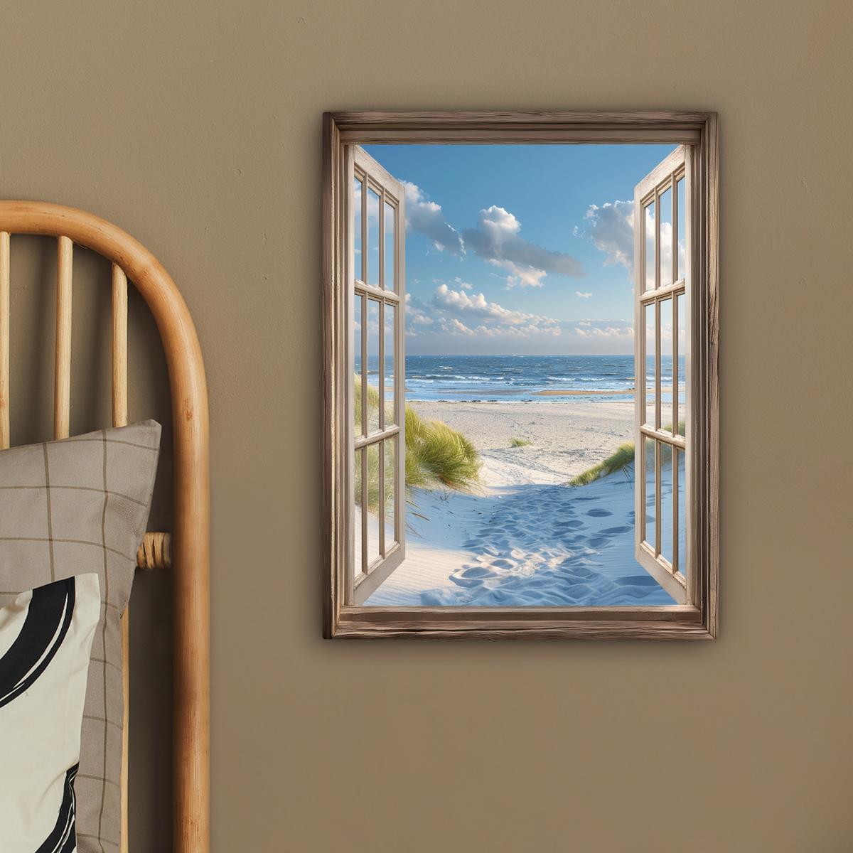 LEINWANDBILD Aussicht - Strand - Fenster - Dünen - Meer Room Decor 30x40 cm - Hellblau, Textil (30/40cm) - MuchoWow