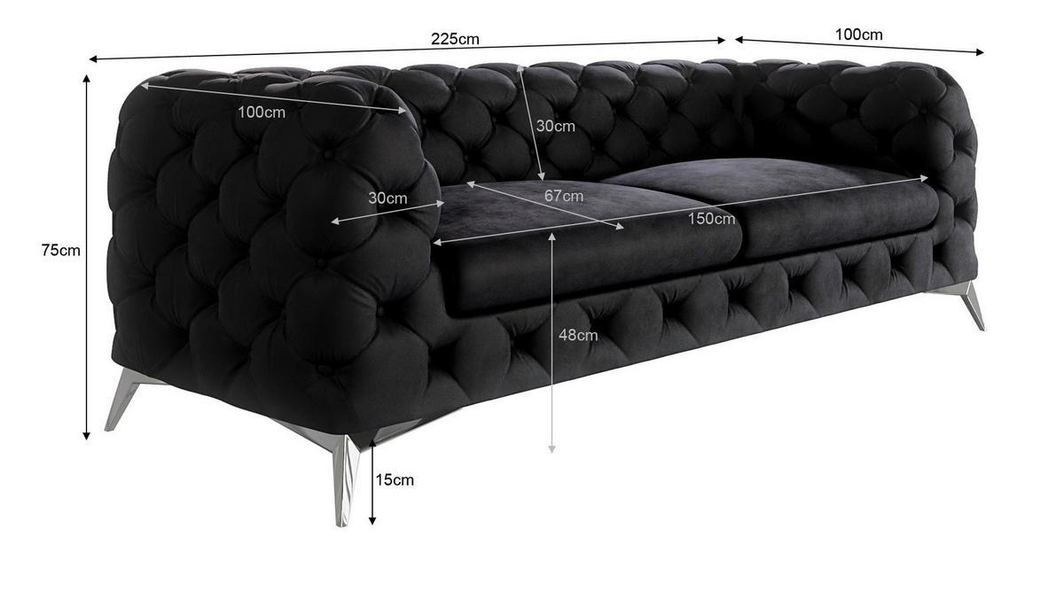 CHESTERFIELD-SOFA 3-Sitzer Laura Schwarz Samt - Silberfarben/Schwarz, Holz/Textil (225/75/100cm) - S-Style Möbel
